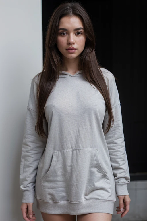 ((best quality)), ((masterpiece)), (detailed), perfect face realistic photo of beautiful woman with long dark brown hair, Russian, influencer, light freckles, dark brown eyes, big lips, no makeup, instagram, standing next to black wall, wearing sexy oversized hoodie dress