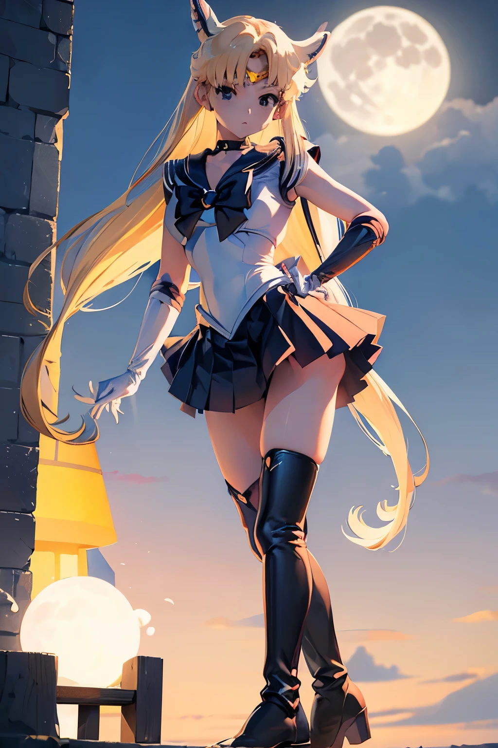 masutepiece, Best Quality, 1girl in, (lease),a blond, (black eyes:1.2),((Sailor Senshi))、((a miniskirt))、((embarassed expression))、((fullmoon))、((Photo from below))、((thigh high boots))、((Long))、((White Long Gloves))、((white panty))、((Kneeling))