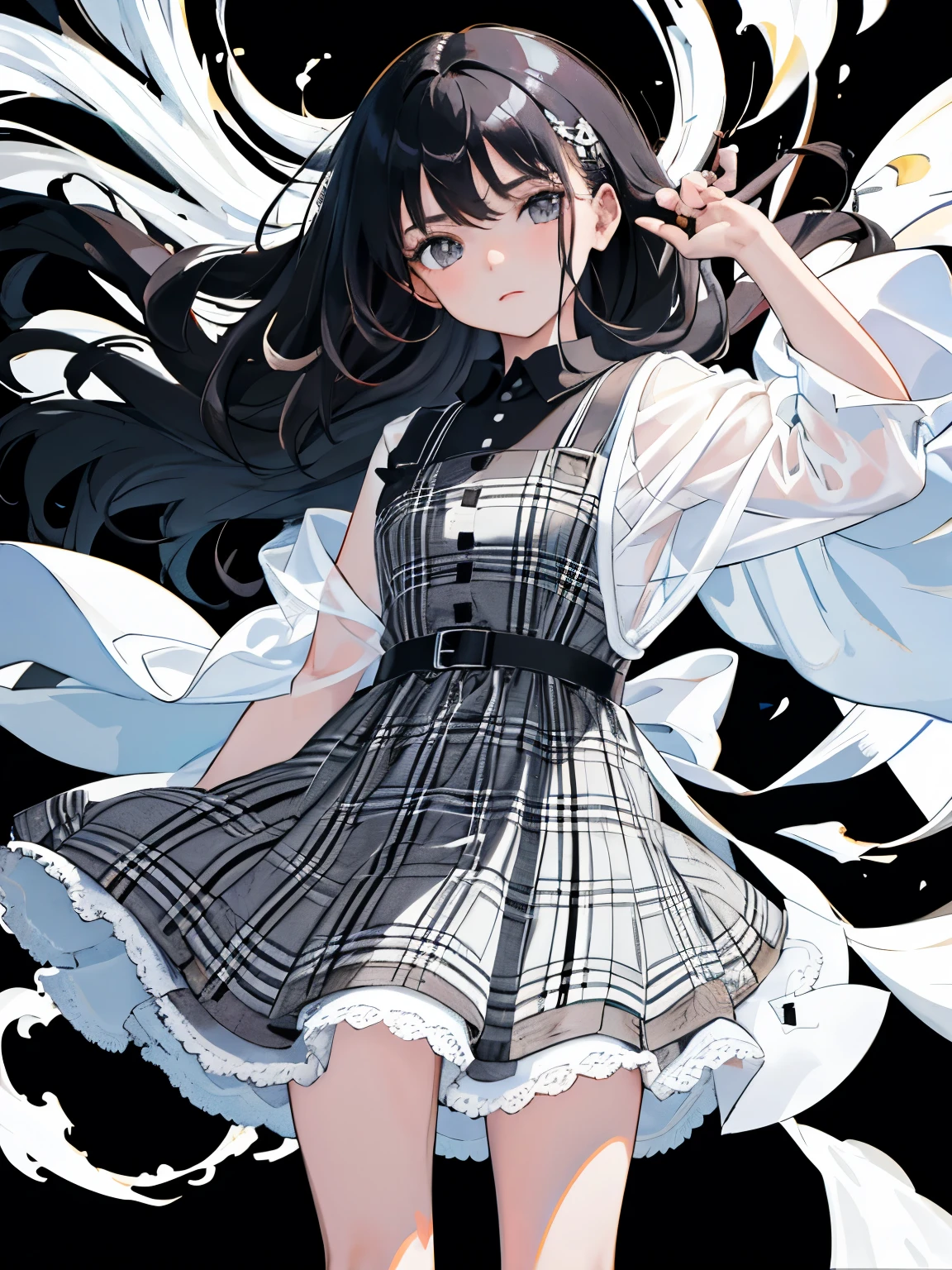 (masterpiece,Highest Quality),(),((black and white plaid dress)),sleeveless,(A dark-haired,Long),sleepy expression,Delicate body,The wind is blowing