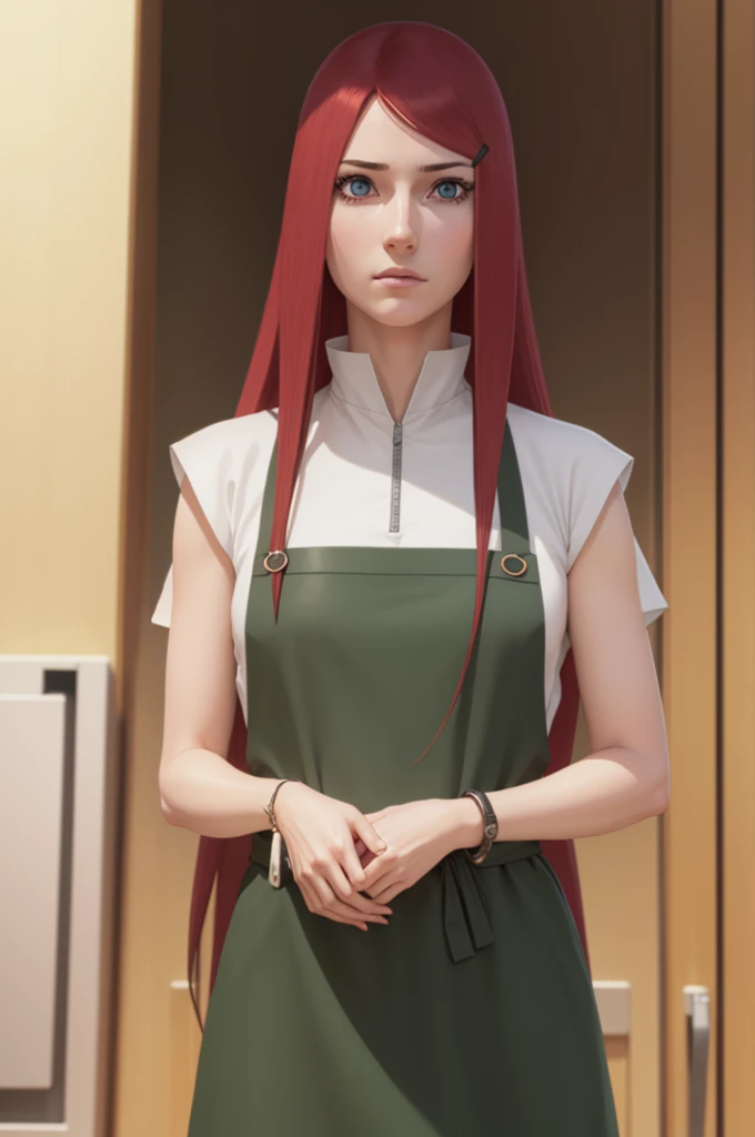 {-erro_de_anatomia:1.0} kushina, kushina, long hair, hair ornament, red hair,  red head, hairclip, (grey eyes:1.5),
BREAK shirt, dress, jewelry, white shirt, short sleeves, apron, bracelet, green apron, collar,
BREAK looking at viewer, upper body, full body, cowboy shot,
BREAK indoors,
BREAK (masterpiece:1.2), best quality, high resolution, unity 8k wallpaper, (illustration:0.8), (beautiful detailed eyes:1.6), extremely detailed face, perfect lighting, extremely detailed CG, (perfect hands, perfect ),