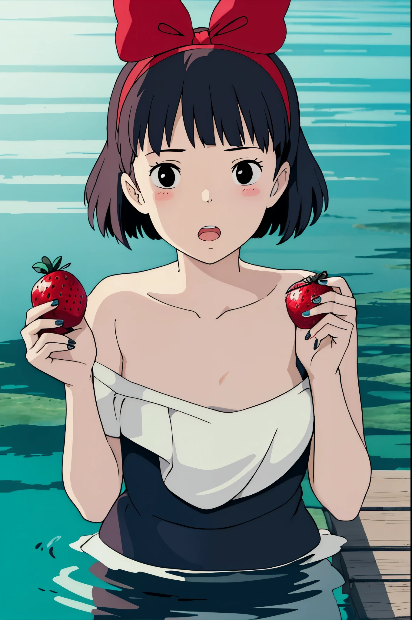 ghibli style, 
kiki \(majo no takkyuubin\),
1girl, :o, bangs, black eyes, black hair, blush, bow, bow hairband, collarbone, day, fingernails, food, fruit, hair bow, hairband, holding, holding food, holding fruit, looking at viewer, open mouth, outdoors, red bow, red hairband, short hair, solo, strawberry, sunlight, upper body, water drop

, ((masterpiece)), no clothes, nude, full naked, small breast