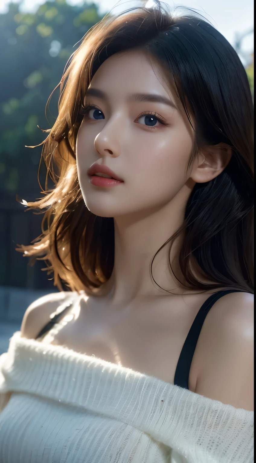 ultra high res, masterpiece, best quality, perfect glossy shiny skins, perfect lighting, detailed lighting, dramatic shadows, ray tracing, black sweater, looking at viewer, off shoulder, blue Eyes, sharp face, sharp eyes, open mouse, ((Dark background))
