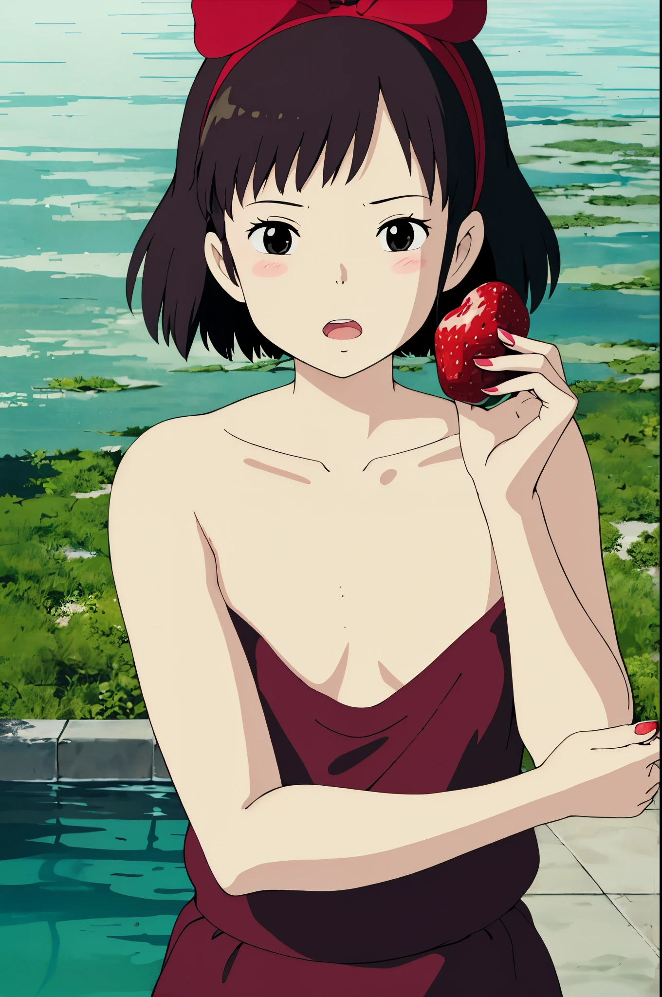 ghibli style, 
kiki \(majo no takkyuubin\),
1girl, :o, bangs, black eyes, black hair, blush, bow, bow hairband, collarbone, day, fingernails, food, fruit, hair bow, hairband, holding, holding food, holding fruit, looking at viewer, open mouth, outdoors, red bow, red hairband, short hair, solo, strawberry, sunlight, upper body, water drop

, ((masterpiece)), no clothes, nude, full naked, small breast, full naked, small boobs, full body, pink nipples, nipple, boobs, breast, cleavage, sexy, open legs, pussy, monkey grope boobs, nipples, detail nipples, realistic body, small boobs, collabrone, petite, monkeys