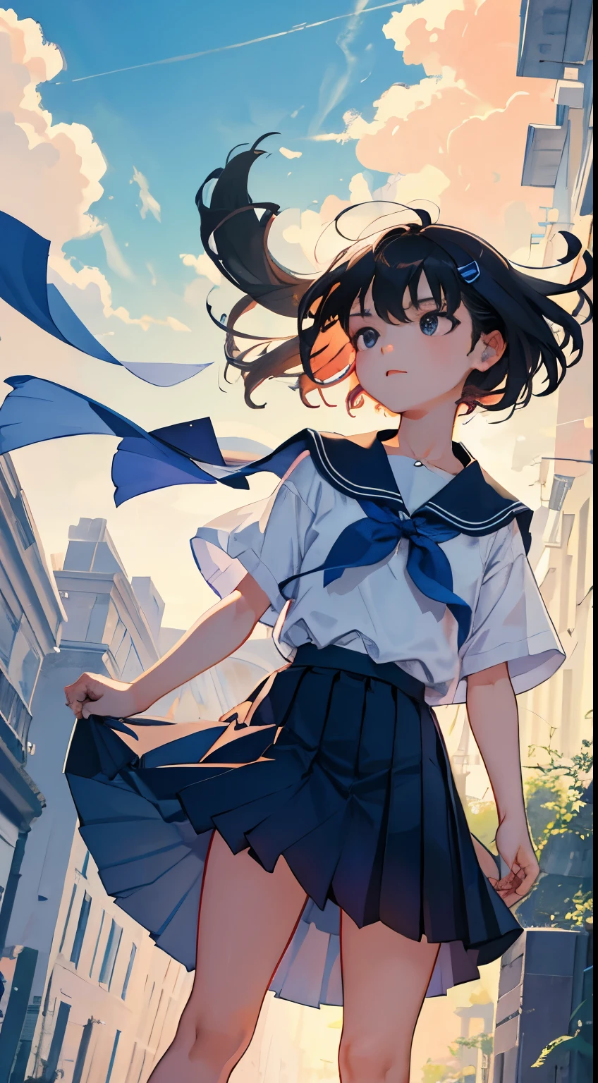 (),(masterpiece,Highest Quality),shortsleeves,Dark blue pleated skirt,A dark-haired,Summer Classroom,The wind is blowing