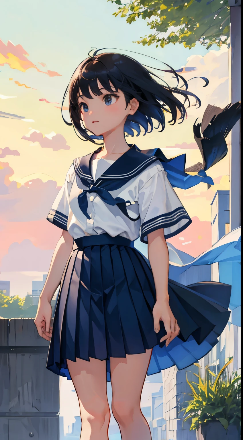 (child),(masterpiece,Highest Quality),shortsleeves,Dark blue pleated skirt,A dark-haired,Summer Classroom,The wind is blowing
