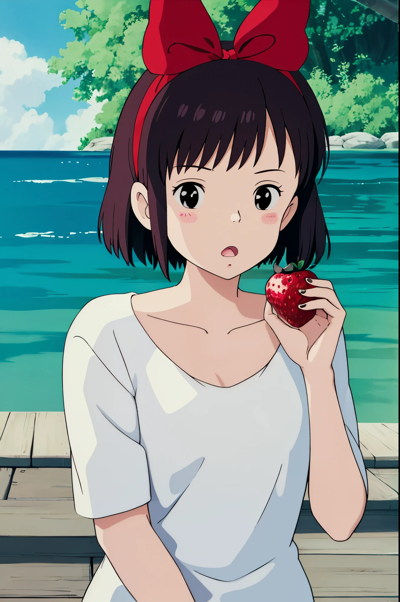 ghibli style,
kiki \(majo no takkyuubin\),
1girl, :o, bangs, black eyes, black hair, blush, bow, bow hairband, collarbone, day, fingernails, food, fruit, hair bow, hairband, holding, holding food, holding fruit, looking at viewer, open mouth, outdoors, red bow, red hairband, shirt, short hair, solo, strawberry, sunlight, upper body, water drop
, ((masterpiece)), no clothes, nude, full naked, small breast