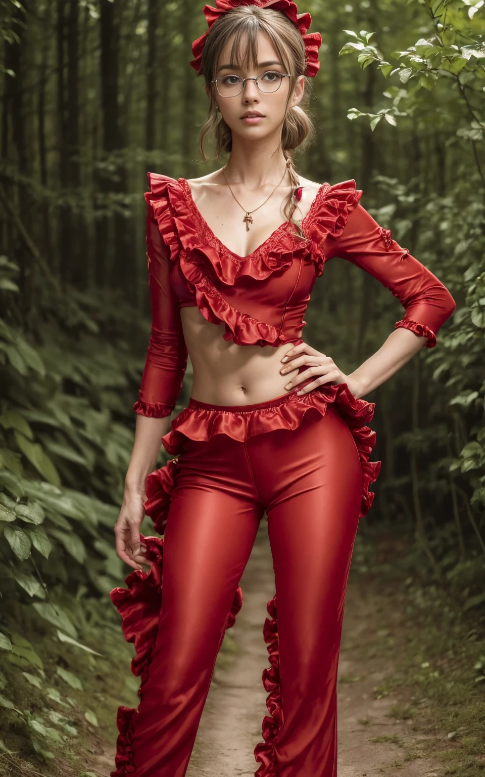 (8K, Masterpiece, RAW photo, Best quality, detail:1.3), (ultra realistic Natural background, scenary:1.5), Depth of field, Cinematic light, (ultra realistic face), (1 picture of 1 solo girl Airim Jones:1.6), 1girl, (Beautiful and elegant Russian girl), (skinny girl with glasses), (European face:1.3), (perfect complete full body:1.5), (small necklace, collarbone:1.1), ( [bangs|pigtails|bob|pixie] hair:1.5), (ultra detailed skin:1.4), (sexy red outfit:1.6), (Ruffle Hem Pants:1.55), (perfect standing pose:1.5), (perfect long legs:1.4)