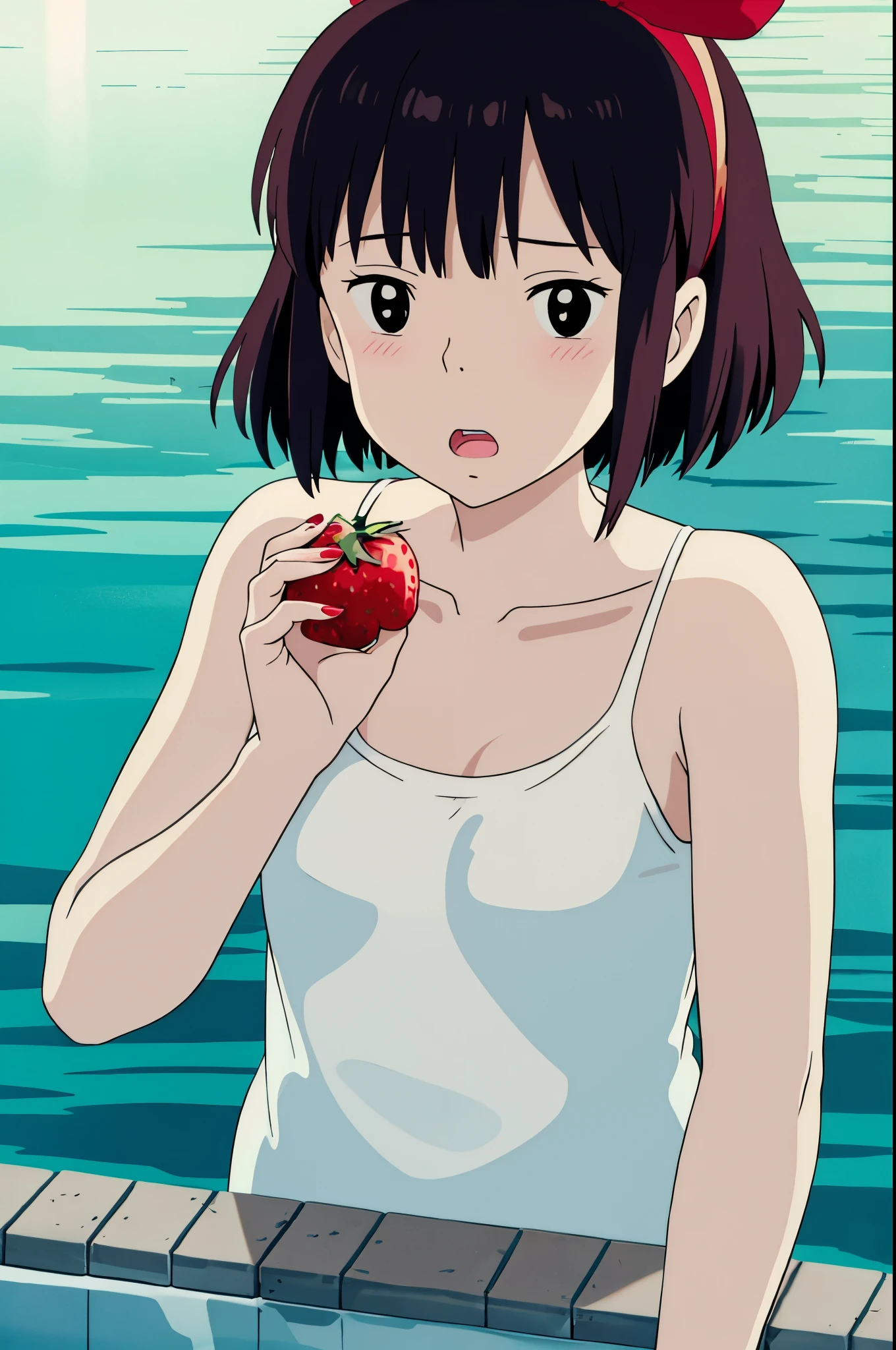 ghibli style,
kiki \(majo no takkyuubin\),
1girl, :o, bangs, black eyes, black hair, blush, bow, bow hairband, collarbone, day, fingernails, food, fruit, hair bow, hairband, holding, holding food, holding fruit, looking at viewer, open mouth, outdoors, red bow, red hairband, shirt, short hair, solo, strawberry, sunlight, upper body, water drop
, ((masterpiece)), no clothes, nude, full naked, small breast
