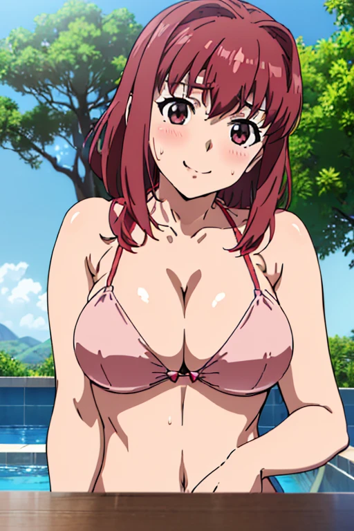 (masterpiece, top-quality, detaile, hight resolution, extremely delicate and beautiful, anime screen cap, anime colours, 8k, photorealistic), (red Micro Bikini:1.5), (large drooping breasts:1.5, cleavage:1.5, from front:2.0), Taeko Kondou, hairband, 1girl, (), black hair, dark eyes, smile, blush, ((Upper body, breasts forcus:1.2)), ((perfect detailed anatomy, Beautiful details eyes&hair,  beautiful face, beautiful detailed breast&body, Shiny skin)), in poolside, Sweat,