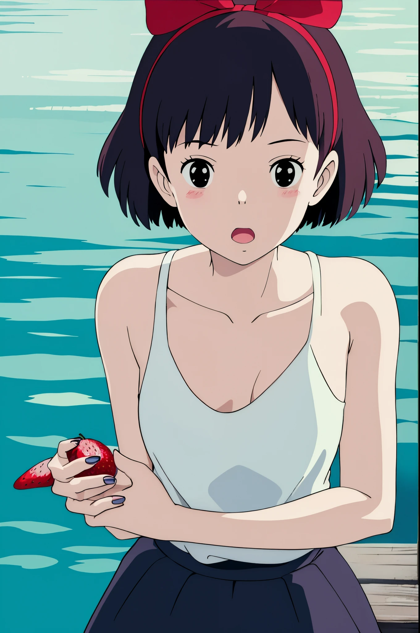 ghibli style, 
kiki \(majo no takkyuubin\),
1girl, :o, bangs, black eyes, black hair, blush, bow, bow hairband, collarbone, day, fingernails, food, fruit, hair bow, hairband, holding, holding food, holding fruit, looking at viewer, open mouth, outdoors, red bow, red hairband, shirt, short hair, solo, strawberry, sunlight, upper body, water drop

, ((masterpiece)), no clothes, nude, full naked, small breast