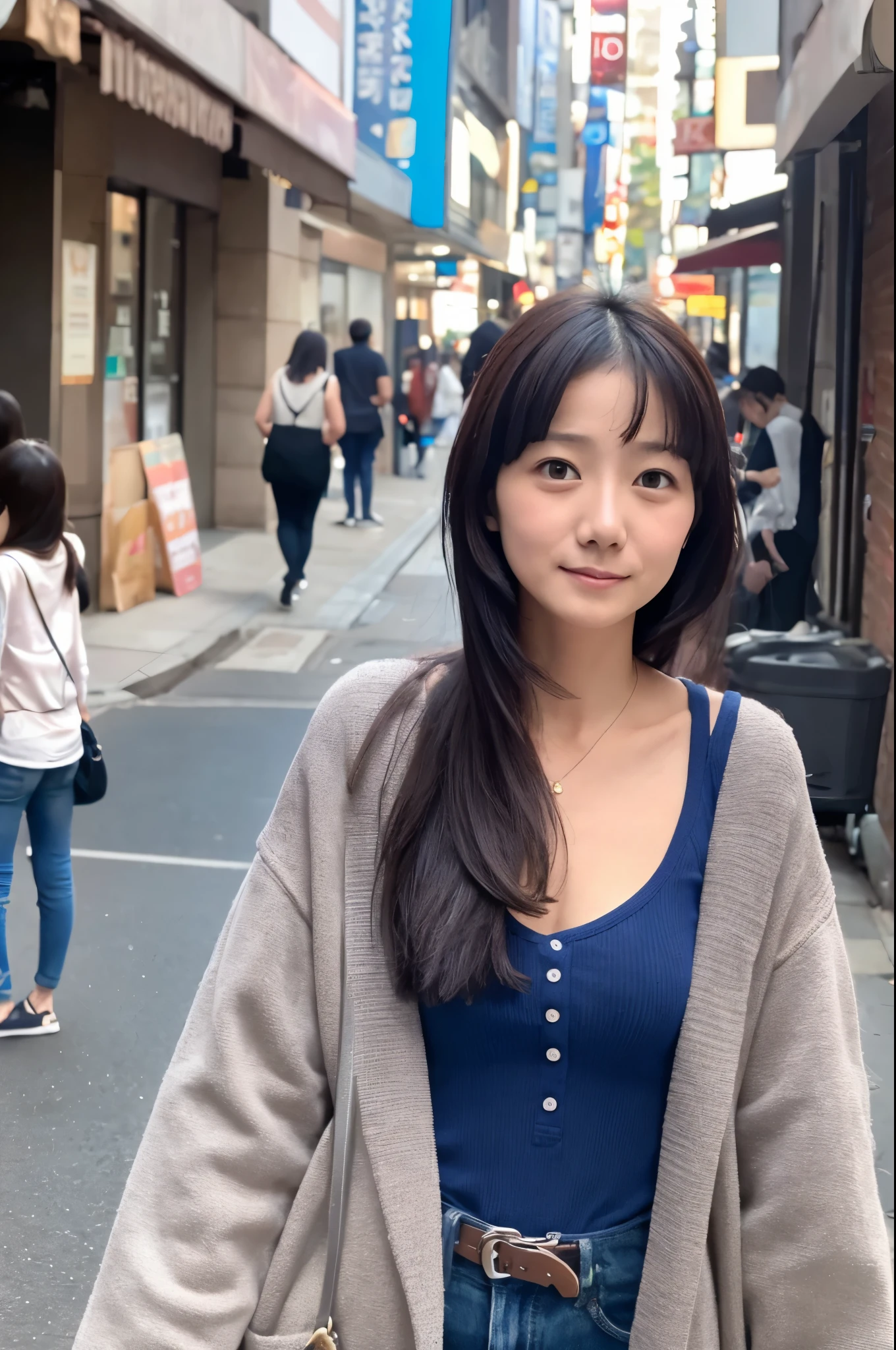 (High reality photograph, high resolusion, detailed face, detailed eyes) Skinny Japanese lady, 40 years old, 1 girl, cute face, various hair style, skinny figure, very small breasts, very thin waist, casual clothes, on a street, full-body photo