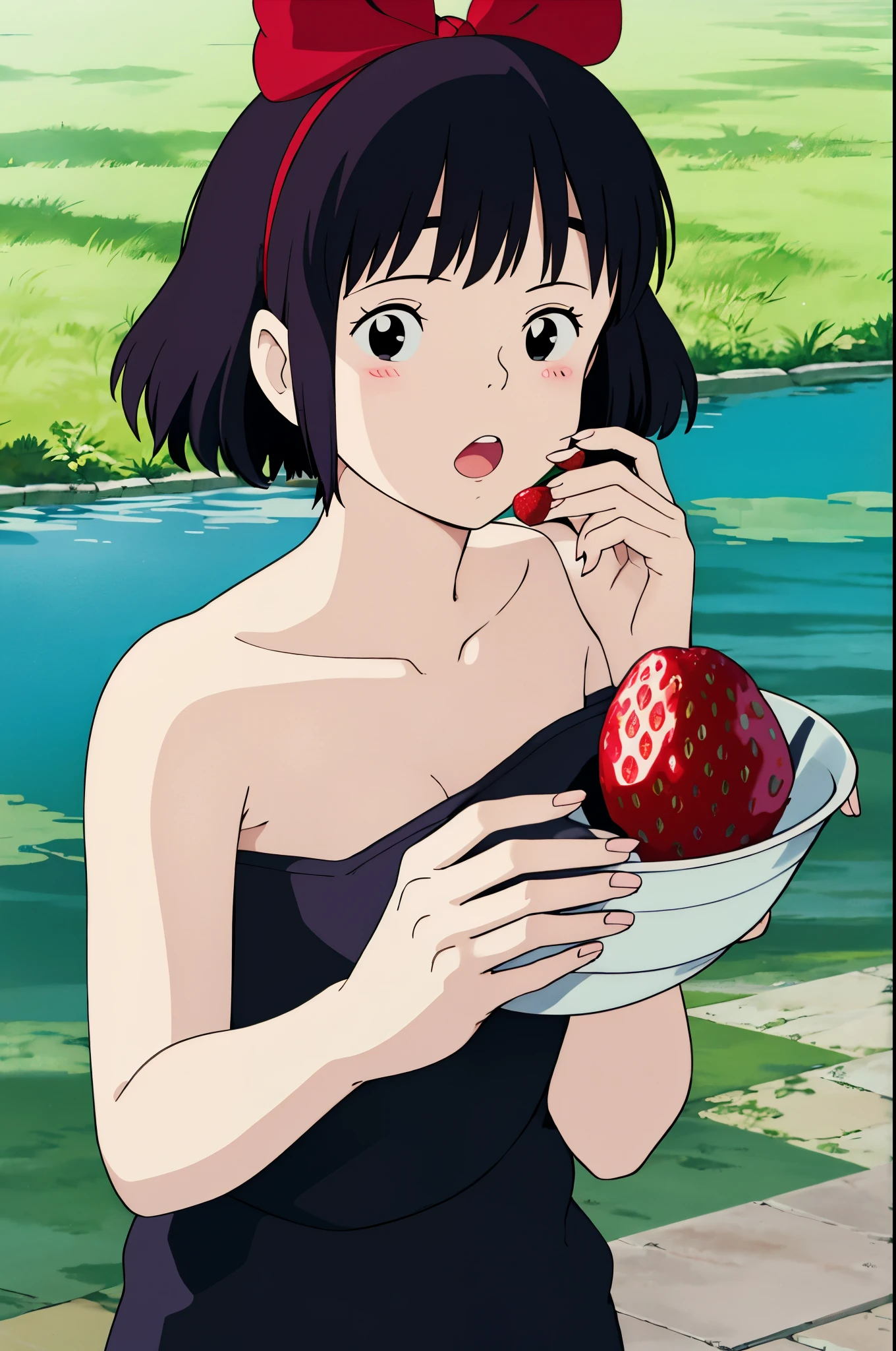 ghibli style,
kiki \(majo no takkyuubin\),
1girl, :o, bangs, black eyes, black hair, black shirt, blush, bow, bow hairband, collarbone, day, fingernails, food, fruit, hair bow, hairband, holding, holding food, holding fruit, looking at viewer, open mouth, outdoors, red bow, red hairband, shirt, short hair, solo, strawberry, sunlight, upper body, water drop
, ((masterpiece)), no clothes, nude, full naked