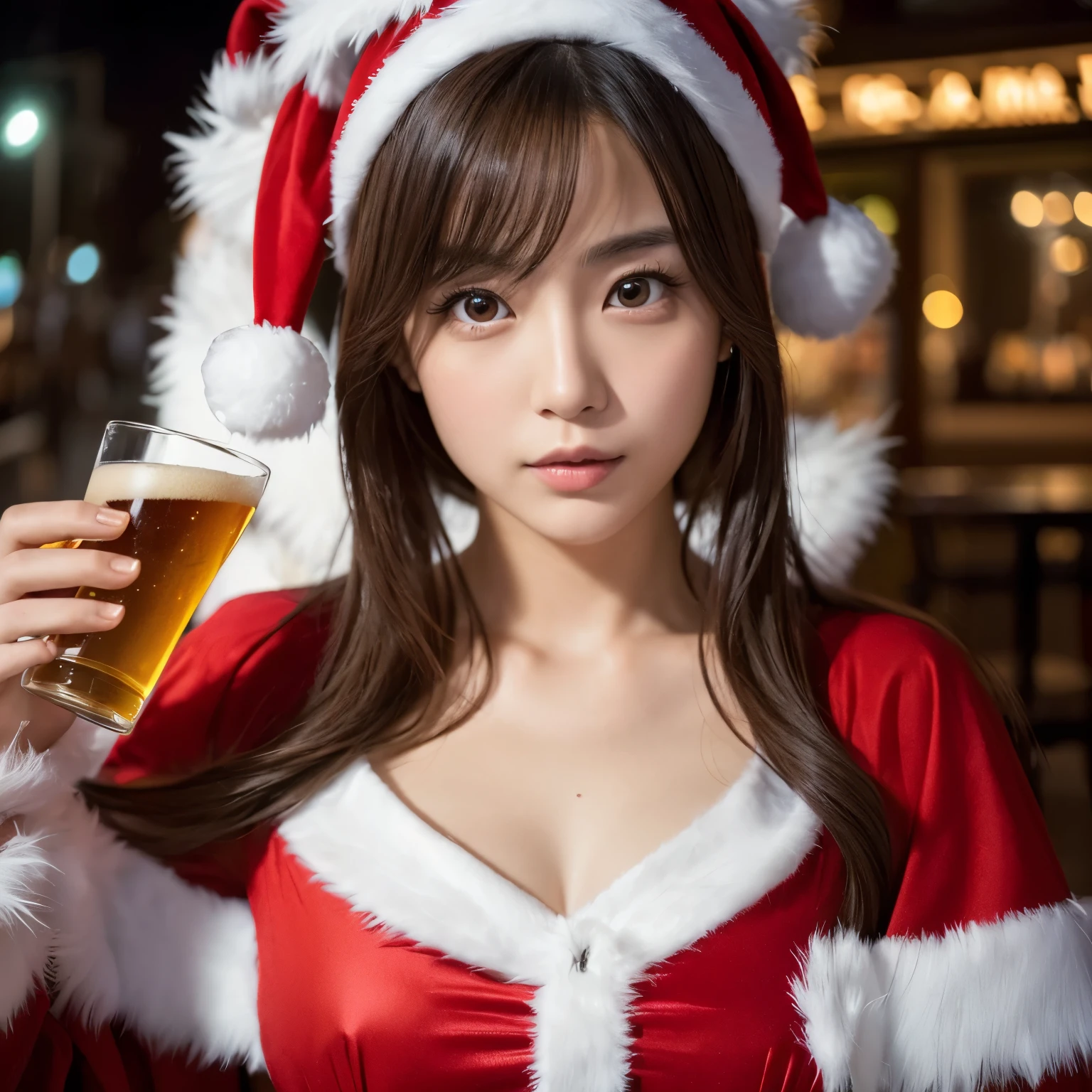 Best-quality, Masterpiece, Ultra-High-Resolution, (Photorealistic:1.4), Raw-Photo, Extremely-Details, Perfect-Anatomy, 1girl, 30-years-old, the most famous Japanese actress, (((wearing Santa-Craus's long-length-costume))), drinking beer in pub at midnight, extremely beautiful face like a most popular Japanese actress,. extremely beautiful big-black-solid-circle-eyes, extremely beautiful realistic-skins, detailed Santa-Craus's-long-costume