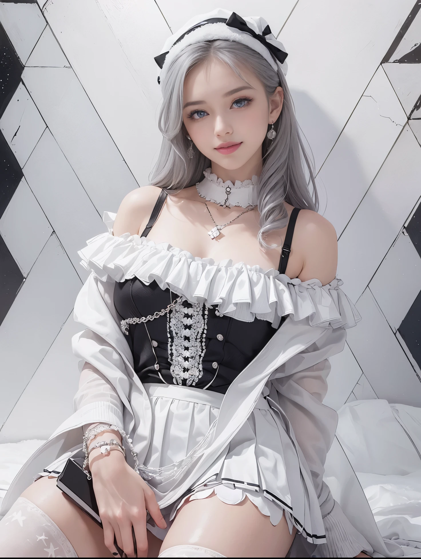 (Realistic:1.8), (Digital art:0.2), (Geometric art:1.7),(agpi official art, beautiful and aesthetic, ultra detailed, beautiful, masterpiece, best quality:1.6), (1girl:1.2), Detailed face, Detailed eyes, Detailed hair, young fingers, Detailed fingers, five fingerREAK cute ig model, Japanese cute model, 22 years old, Tightened all body, small head, small face, small mouth, diamond Face, small nose, Sharp Faceline, (dropy eyes, Double eyelid, Light color eyes, Glossy eyes, Shiny eyes:1.2), Shiny skin, shiny hair, (gray hair:1.2),
_
BREAK (happy, smile, Teeth, Glossy Lip:1.2),beautiful Teeth, (upper body:1.5), sitting, from front,
_
BREAK (BLACK and White theme:1.4), (Cute Christmas theme:1.2), (fluffy Santa hat with ribbon:1.2), (adorable BLACK and white candy cane-striped off-shoulder top:1.2), (short length White pleated skirt with subtle Polka dot pattern:1.2), (festive knee-high socks with small bows:1.2), (festive White and BLACK ankle boots:1.2), BREAK (sparkling snowfall background:1.2), (Fog, mist:1.4),(joyful expression:1.2), (holding a cute gift box with a big bow:1.2), (gentle snow breeze:1.2),