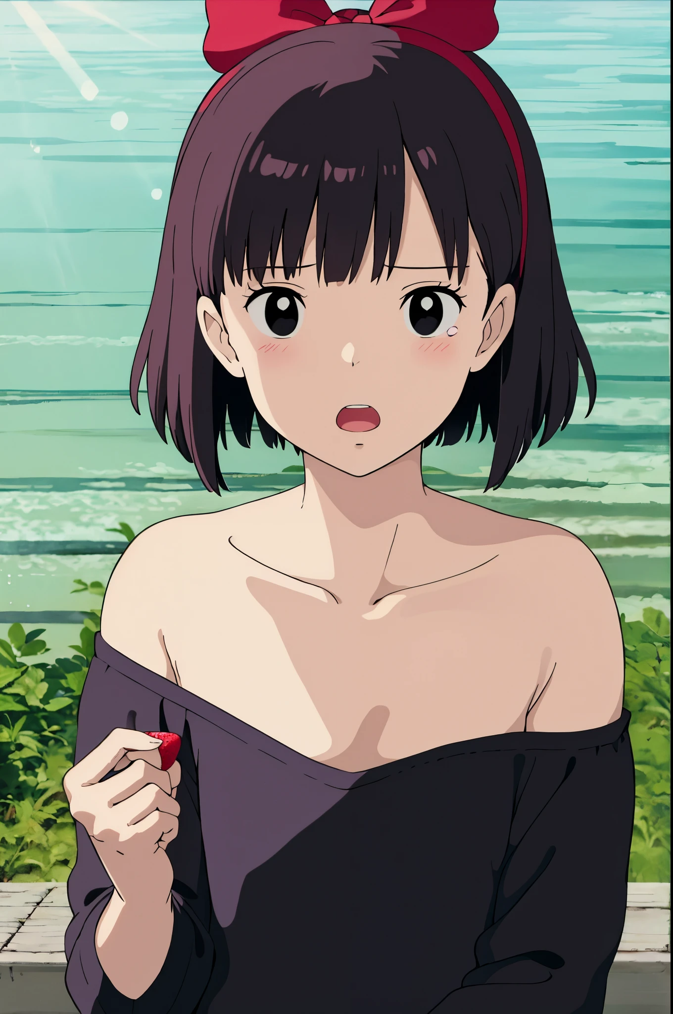 ghibli style, 
kiki \(majo no takkyuubin\),
1girl, :o, bangs, black eyes, black hair, blush, bow, bow hairband, collarbone, day, fingernails, food, fruit, hair bow, hairband, holding, holding food, holding fruit, looking at viewer, open mouth, outdoors, red bow, red hairband, short hair, solo, strawberry, sunlight, upper body, water drop

, ((masterpiece)), no clothes, nude, full naked, small breast, full naked, small boobs, full body, pink nipples, nipple, boobs, breast, cleavage, sexy, open legs, pussy