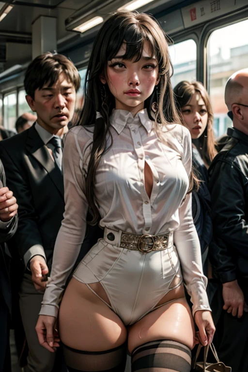 crowded train, girl as yukino yukinoshita, fat bald man hugging her from the front talking with mouth and lifting her legs, black sexy lingerie,, pubic hair visible, 40k, photo, masterpiece, best quality, dark grey background, (with one girl's immediately open legully open legs with big breasts, an elderly man leans on her from the front and picks her up and does different poses., Blushing, troubled eyebrows, rough breath, clenched teeth, burning face, heart pupils, sweaty, full body wet, black hair, long hair, knee bending, reluctance, watery eyes, big, soaked, small, slender, white shirt, tie, pants visible through short pleated skirt, slouch, slender, short pleated skirt, slouching, hands on chest, crotch open, lewd, kissing, hugging, tongue sucking, legs tangled around hips, cowboy shottouching breasts, hands on the crotch, breastapart, (ahegao, rolling eyes:1.5), (black knee high socks:1.4)