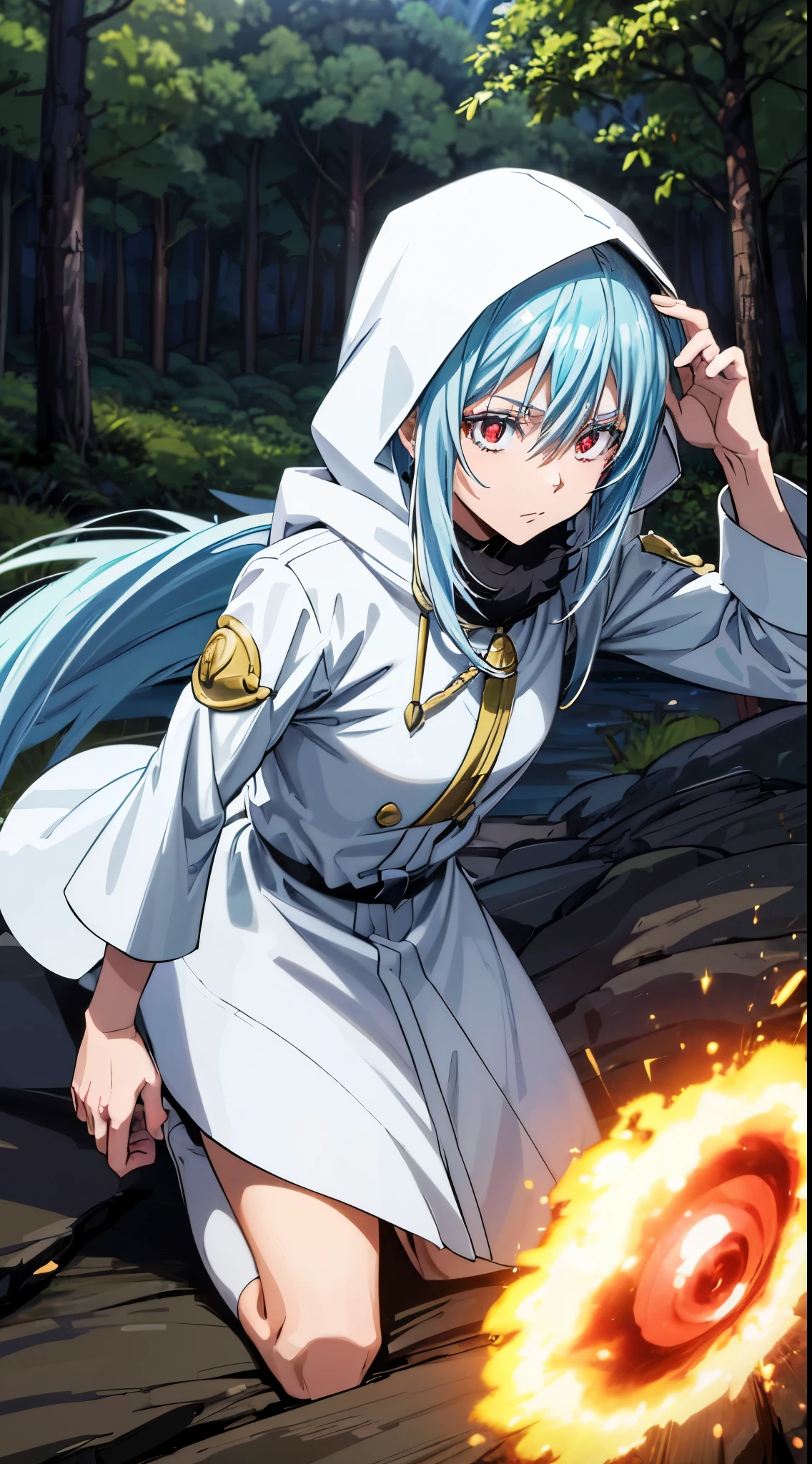 (um personagem adulto de anime tensei shitara slime) Rimuru Tempest, com olhos proeminentes e penetrantes de um (((vermelho escarlate))), who exude an aura of cold determination and a sharp intelligence, (hair is heavenly light blue), fluindo e boca suave e neutra, olhar frio, reflecting an unshakable personality and indomitable spirit, The white hood that covers the character&#39;s head adds a touch of mystery and nobility., complementing its enigmatic and powerful presence, personagem completo, ((( forest setting ))), pele branca, Highly detailed scenery, (using white sheet)