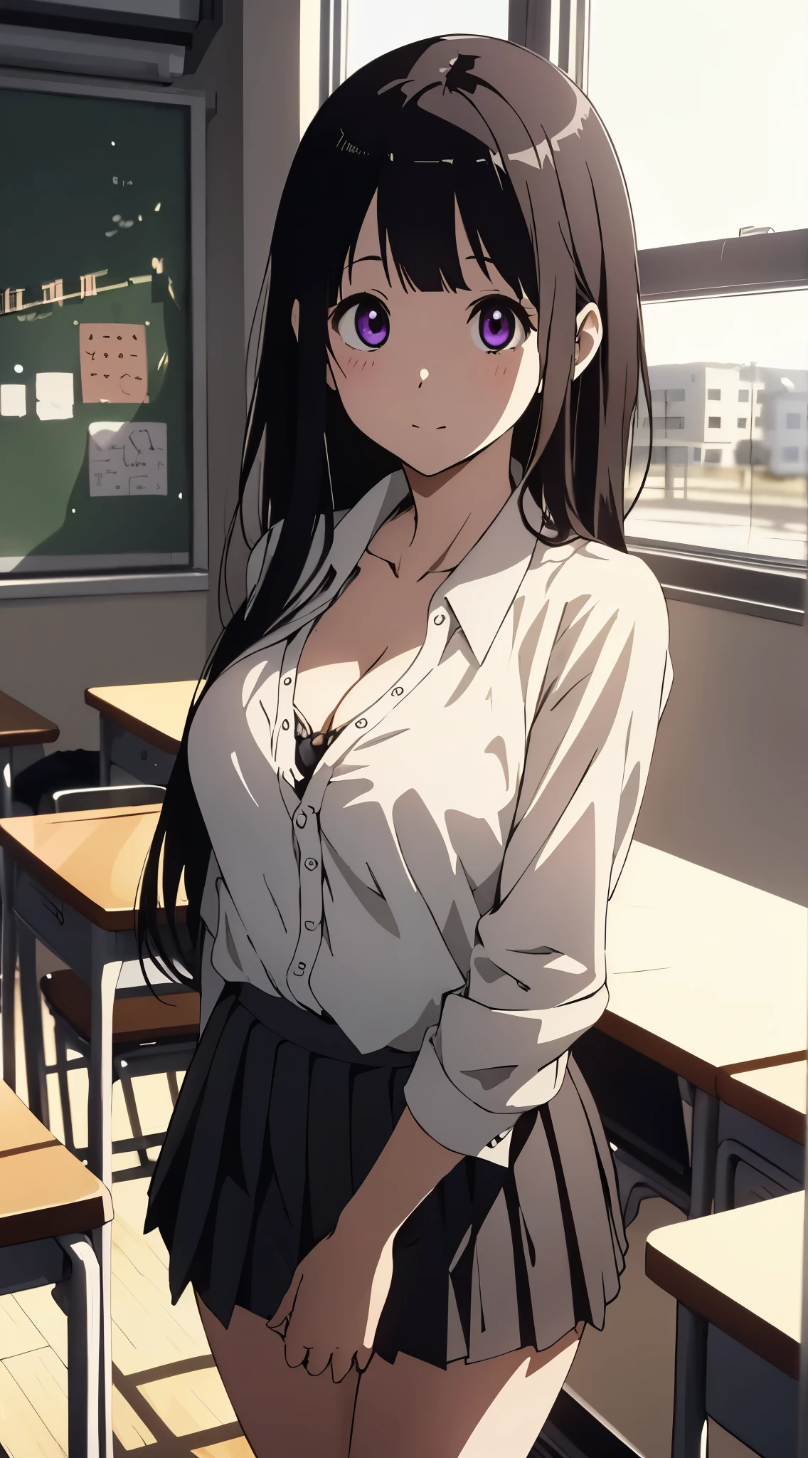 masterpiece, best quality, illustration, highly detailed, chitanda_eru, beautiful detailed eyes, cowboy shot, classroom, white blouse, black pleated miniskirt, cleavage