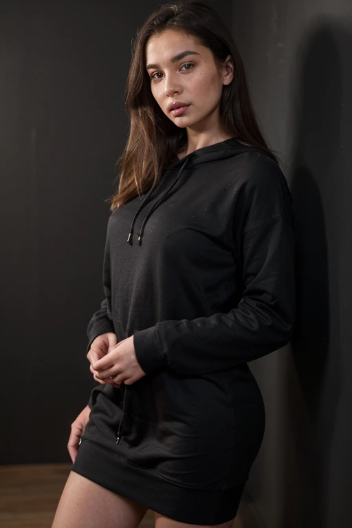 ((best quality)), ((masterpiece)), (detailed), perfect face realistic photo of beautiful woman with long dark brown hair, Russian, influencer, light freckles, dark brown eyes, big lips, no makeup, instagram, standing next to black wall, wearing sexy oversized black hoodie dress