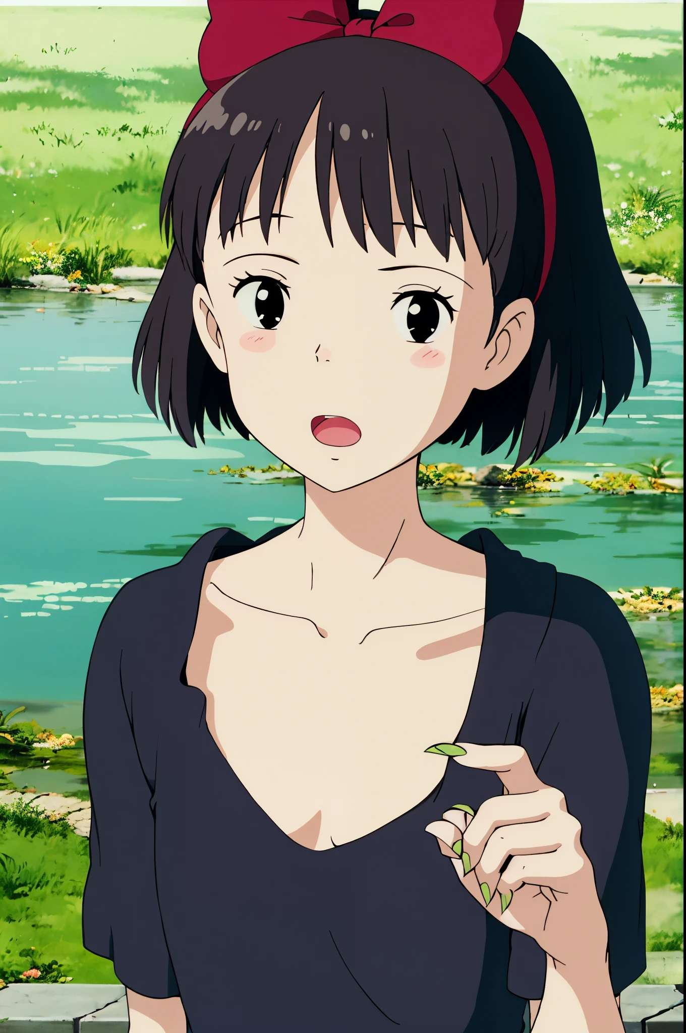 ghibli style, 
kiki \(majo no takkyuubin\),
1girl, :o, bangs, black eyes, black hair, blush, bow, bow hairband, collarbone, day, fingernails, food, fruit, hair bow, hairband, holding, holding food, holding fruit, looking at viewer, open mouth, outdoors, red bow, red hairband, short hair, solo, strawberry, sunlight, upper body, water drop

, ((masterpiece)), no clothes, nude, full naked, small breast, full naked, small boobs, full body, pink nipples, nipple, boobs, breast, cleavage, sexy, open legs, pussy, rape by monkey