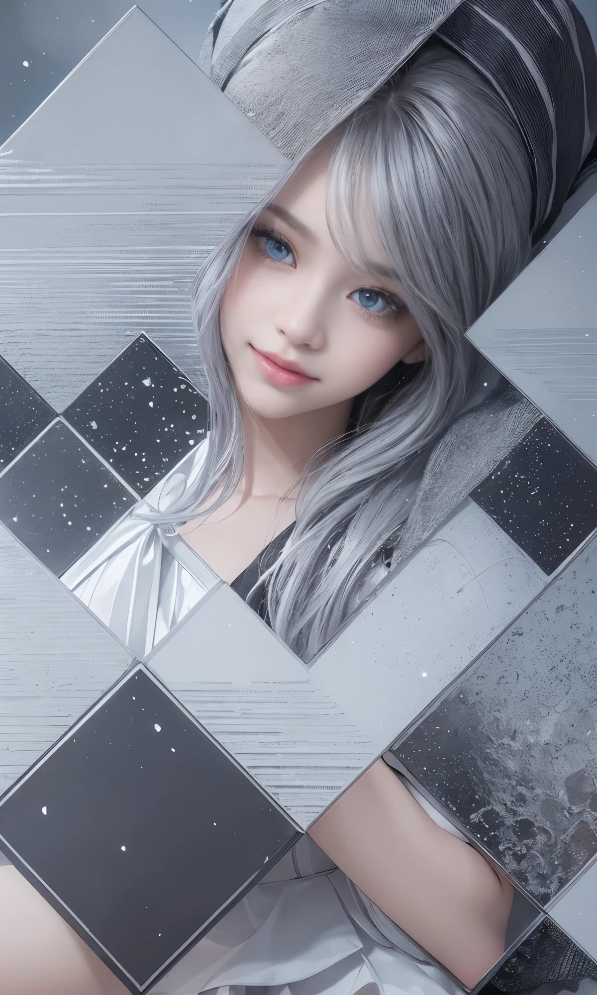 (Realistic:1.8), (Digital art:0.2), (Geometric art:1.7),(agpi official art, beautiful and aesthetic, ultra detailed, beautiful, masterpiece, best quality:1.6), (1girl:1.2), Detailed face, Detailed eyes, Detailed hair, young fingers, Detailed fingers, five fingerREAK cute ig model, Japanese cute model, 22 years old, Tightened all body, small head, small face, small mouth, diamond Face, small nose, Sharp Faceline, (dropy eyes, Double eyelid, Light color eyes, Glossy eyes, Shiny eyes:1.2), Shiny skin, shiny hair, (gray hair:1.2),
_
BREAK (happy, smile, Teeth, Glossy Lip:1.2),beautiful Teeth, (upper body:1.5), sitting, from front,
_
BREAK (BLACK and White theme:1.4), (Cute Christmas theme:1.2), (fluffy Santa hat with ribbon:1.2), (adorable BLACK and white candy cane-striped off-shoulder top:1.2), (short length White pleated skirt with subtle Polka dot pattern:1.2), (festive knee-high socks with small bows:1.2), (festive White and BLACK ankle boots:1.2), BREAK (sparkling snowfall background:1.2), (Fog, mist:1.4),(joyful expression:1.2), (holding a cute gift box with a big bow:1.2), (gentle snow breeze:1.2),