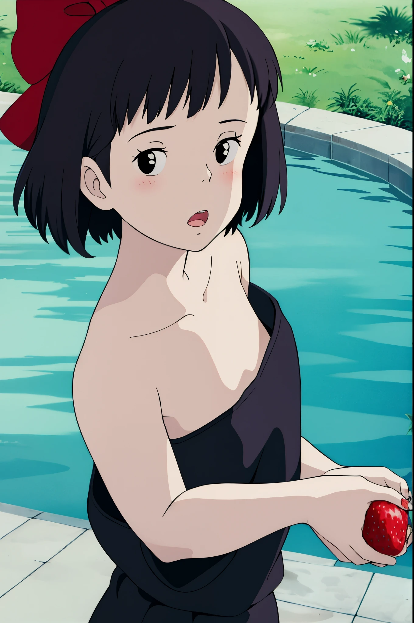 ghibli style, 
kiki \(majo no takkyuubin\),
1girl, :o, bangs, black eyes, black hair, blush, bow, bow hairband, collarbone, day, fingernails, food, fruit, hair bow, hairband, holding, holding food, holding fruit, looking at viewer, open mouth, outdoors, red bow, red hairband, short hair, solo, strawberry, sunlight, upper body, water drop

, ((masterpiece)), no clothes, nude, full naked, small breast, full naked, small boobs, full body, pink nipples, nipple, boobs, breast, cleavage, sexy, open legs, pussy, monkey grope boobs, nipples, detail nipples, realistic body, small boobs, collabrone, petite, monkeys, monkeys grope boobs, monkey squeezing boobs