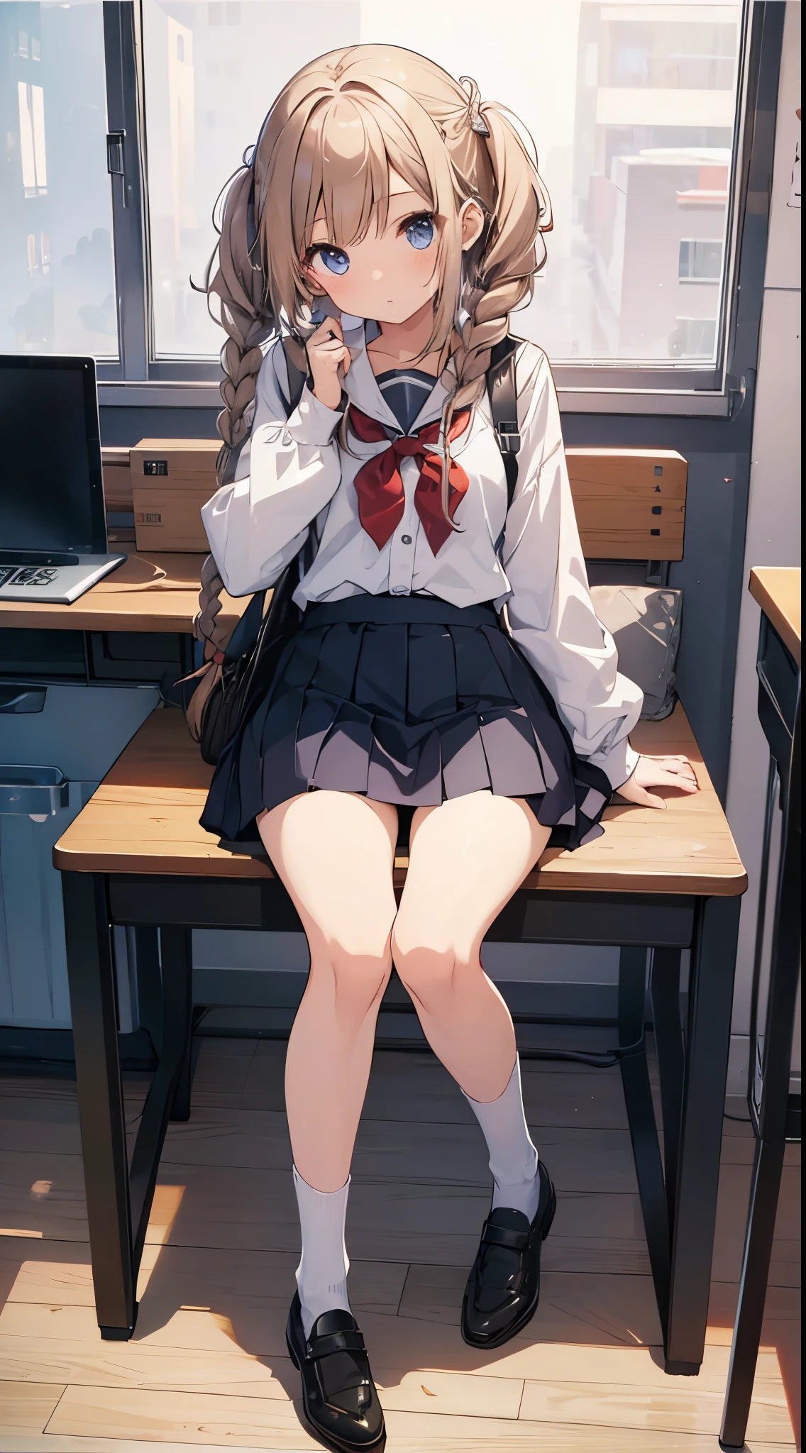 (Best Quality:1.3)、1girl in、hi-school girl、a miniskirt、desk、Sit up、Foot braids、Cute anime illustration、