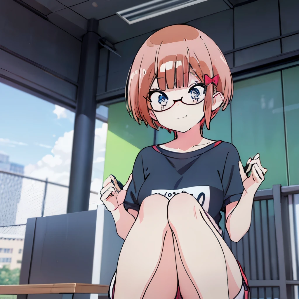 ((masterpiece)), ((best quality)), (ultra-detailed), anime style, a cute girl, 1girl, solo, gym shorts00, ((beautiful eyes))0, smile