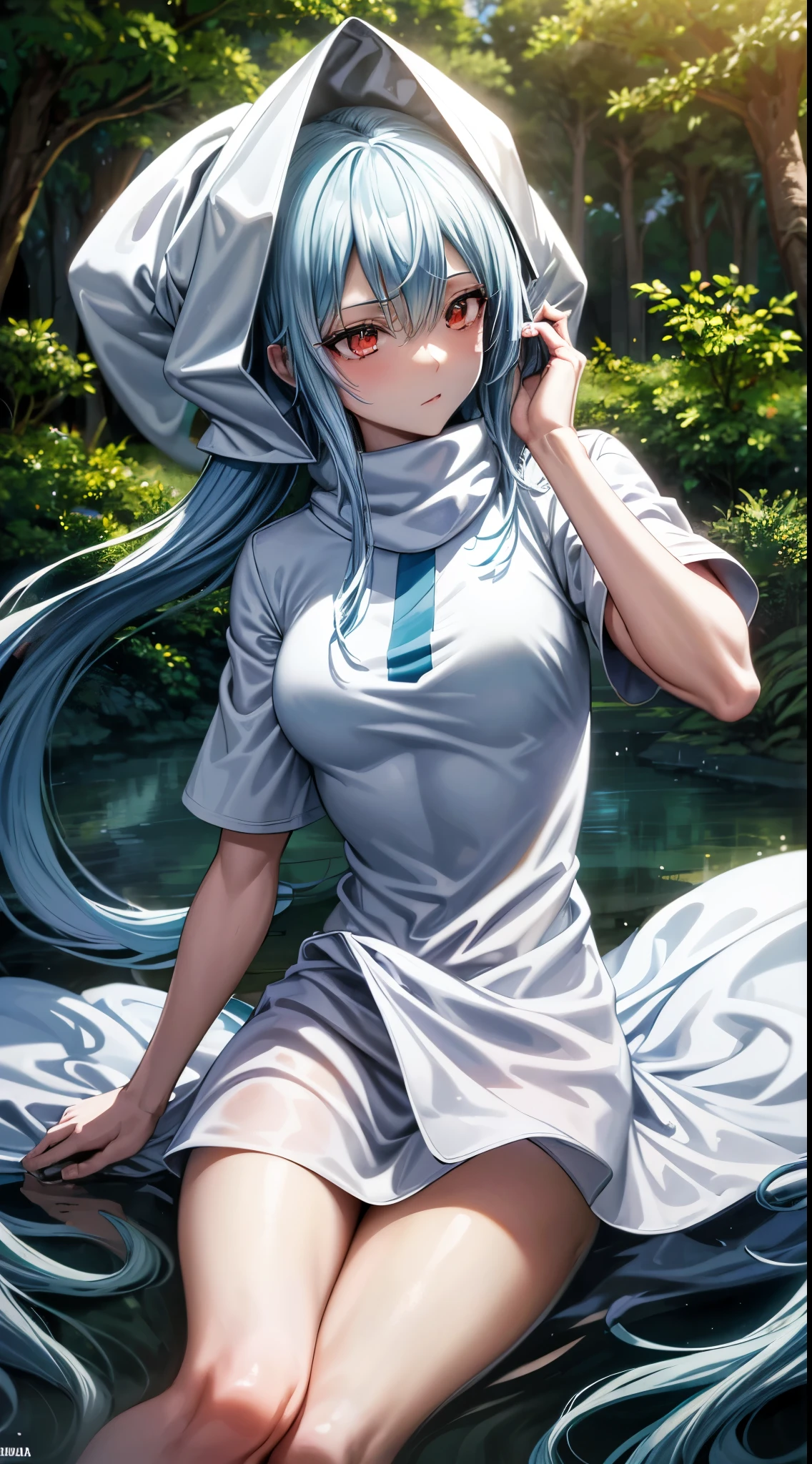 (um personagem adulto de anime tensei shitara slime) Rimuru Tempest, com olhos proeminentes e penetrantes de um (((vermelho escarlate))), who exude an aura of cold determination and a sharp intelligence, (hair is heavenly light blue), fluindo e boca suave e neutra, olhar frio, reflecting an unshakable personality and indomitable spirit, The white hood that covers the character's head adds a touch of mystery and nobility., complementing its enigmatic and powerful presence, personagem completo, ((( forest setting ))), pele branca, Highly detailed scenery, (using white sheet)