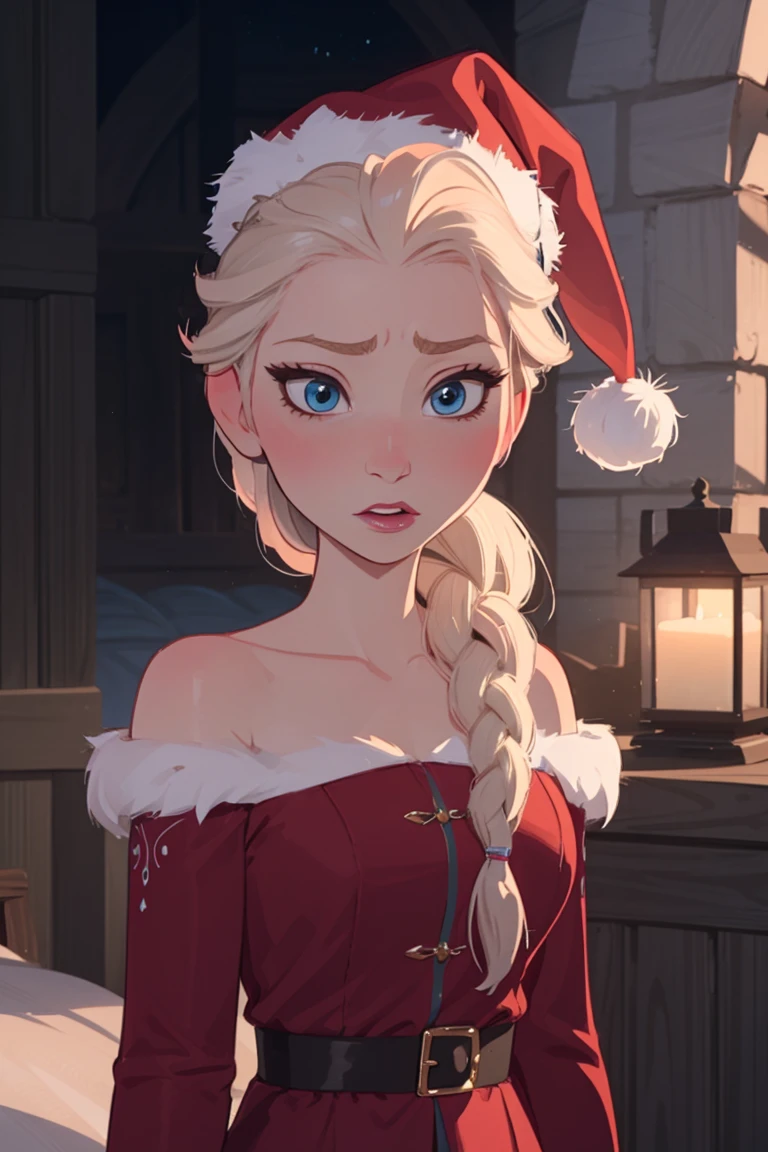 Elsa of arendelle, single braid, white hair, FROZEN, santa outfit, detailed, masterpiece, frozen, disney, elsa of arendale, santa outfit, christmas, santa hat