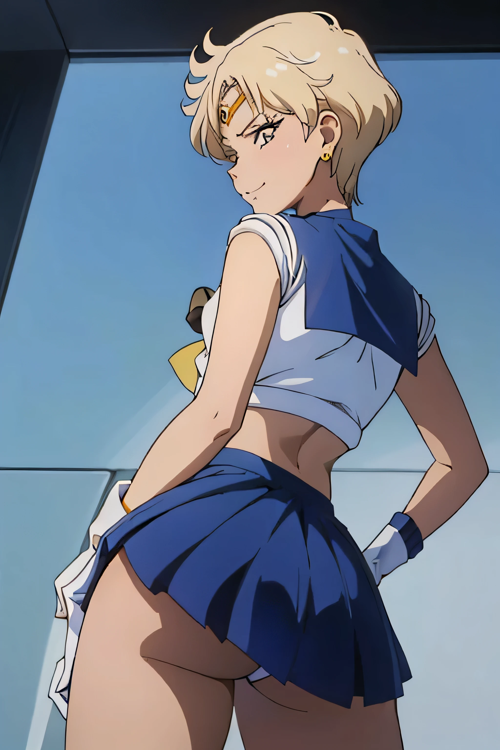 (La mejor calidad:1.1), (Obra maestra:1.4), (absurdos:1.0), retrato, primer plano,1girl, Marinero Urano, KizukiAi, Mujer madura, small breasts, aqua eyes, cabello rubio, Uniforme Sailor Senshi, Collar de marinero, arco de pecho, Arco trasero, Falda suplicante, Guantes blancos de codo, big booty, Ultra minifalda , jewely, Pendientes,, en postura de espalda, Show off your loot, Backwards, no thong big booty, Ultra minifalda ( Postura de la espalda, Backwards, Show off your loot) (PUNTO DE VISTA DE ABAJO A ARRIBA) (Booty close up) ( They are smiling, naughty face)