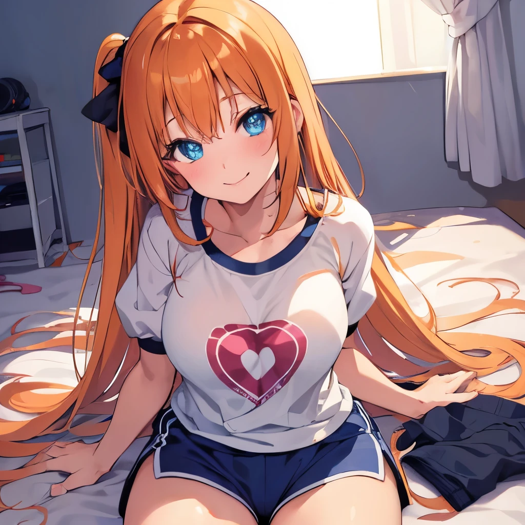 ((masterpiece)), ((best quality)), (ultra-detailed), anime style, a cute girl, 1girl, solo, gym shorts00, ((beautiful eyes))0, smile