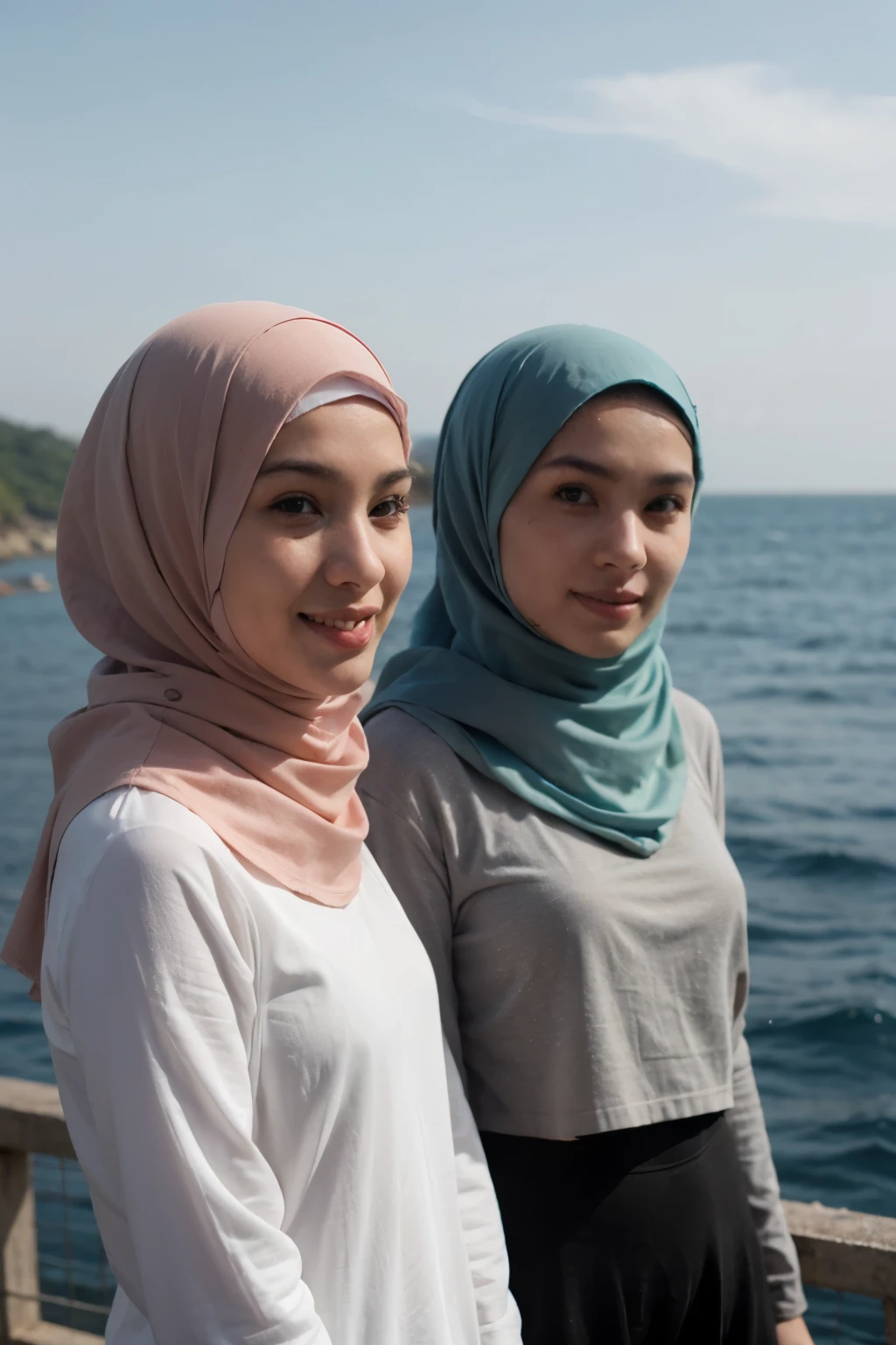 two girls hijab in sea