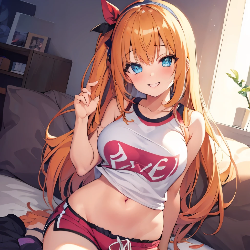 ((masterpiece)), ((best quality)), (ultra-detailed), anime style, a cute girl, 1girl, solo, gym shorts00, ((beautiful eyes))0, smile