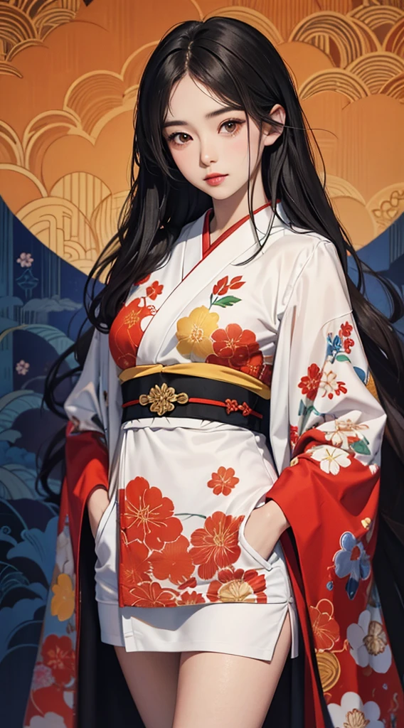 ((8k wallpaper of extremely detailed CG unit, masterpiece, hight resolution, top-quality, top-qualityのリアルテクスチャスキン)), (a very beautiful woman, Plump lips, The upper part of the body, Hands in pockets:1.5, Japanese pattern coat:1.2, Japanese pattern micro mini shorts:1.2), (A dark-haired, hair messy, de pele branca, small tit), ((Colorful background with geometric patterns, Japanese pattern background, warm color)), (hyper realisitic, digitial painting),