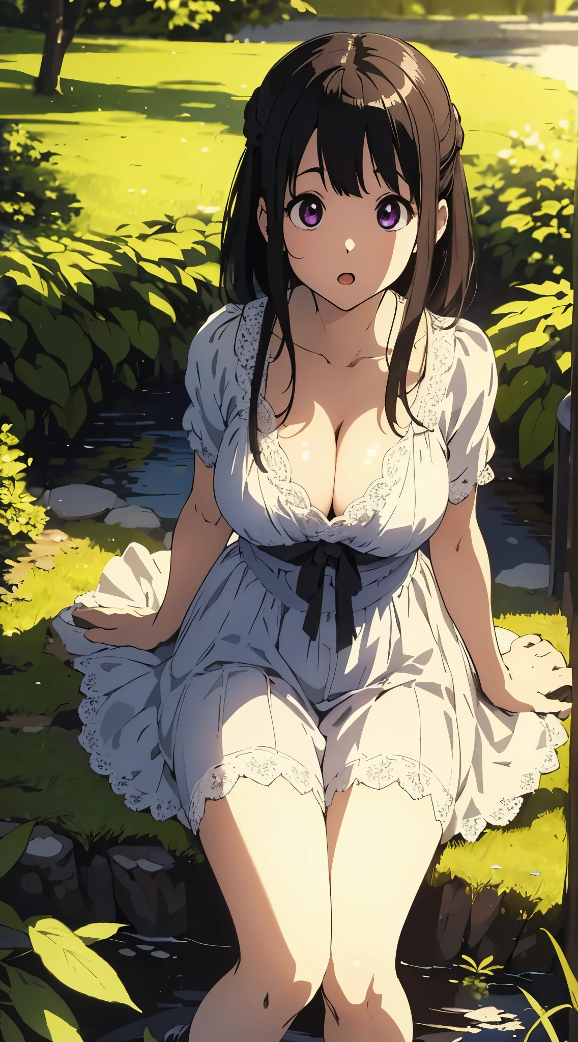 masterpiece, best quality, illustration, highly detailed, chitanda_eru, beautiful detailed eyes, :o , looking at ground, cleavage