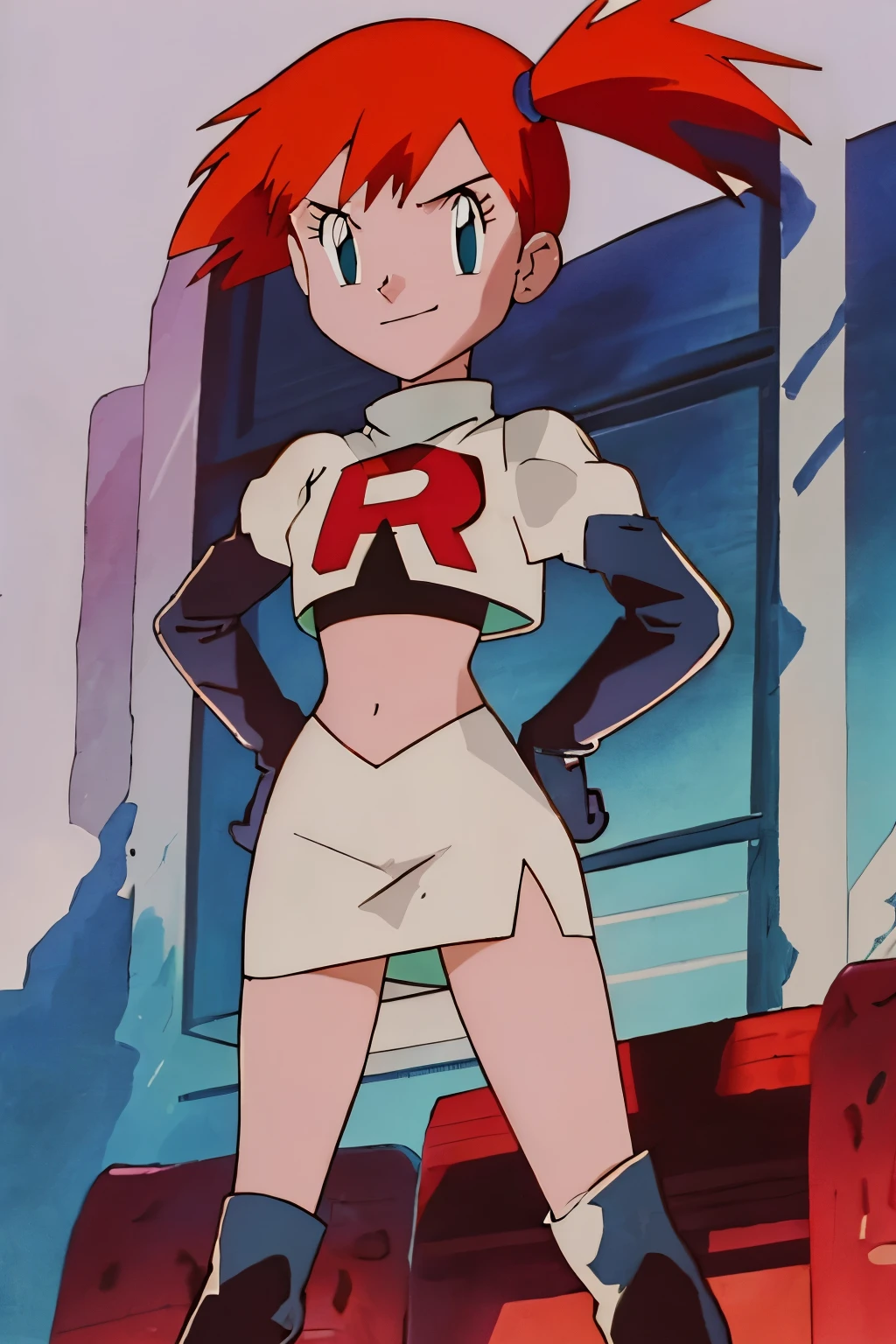 masterpiece, best quality, highres, outdoors, 1girl, solo, misty (pokemon), side pony tail ,glossy lips ,team rocket uniform, red letter R, white skirt,white crop top,black thigh-high boots, black elbow gloves, smile, evil face ,looking at viewer, cowboy shot, hands on hips, building with big red R in the background