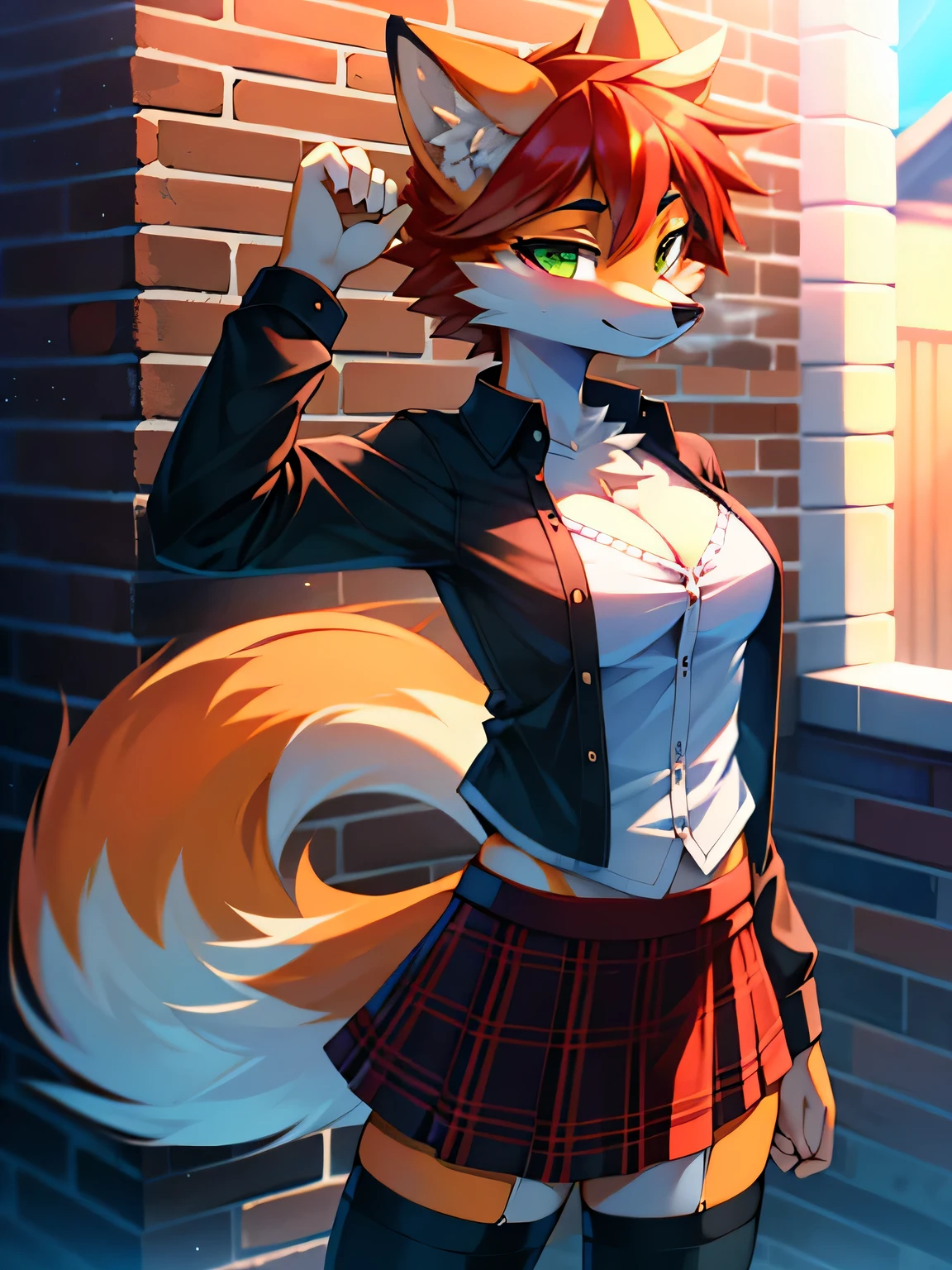 (furry art, masterpiece, golden rule, best quality, 4k, 2k, shaded, absurd res), hip tuft, leg tuft, fluffy fur, whiskers, beautiful eyes, (anthro furry:1.3, snout:1.2, anthro:1.3, furry:1.2, female:1.2), (anthro_female_vixen:1.2), (orange fur:1.1), tomboy, punk hair, small breasts, fox tails, green eyes, small butt, sass, outfit, adult, plaid skirt, boyfriend shirt, open shirt, absolute cleavage, two tone fur, leaning against a brick wall, mid shot, vaping, thigh highs,nsfw,