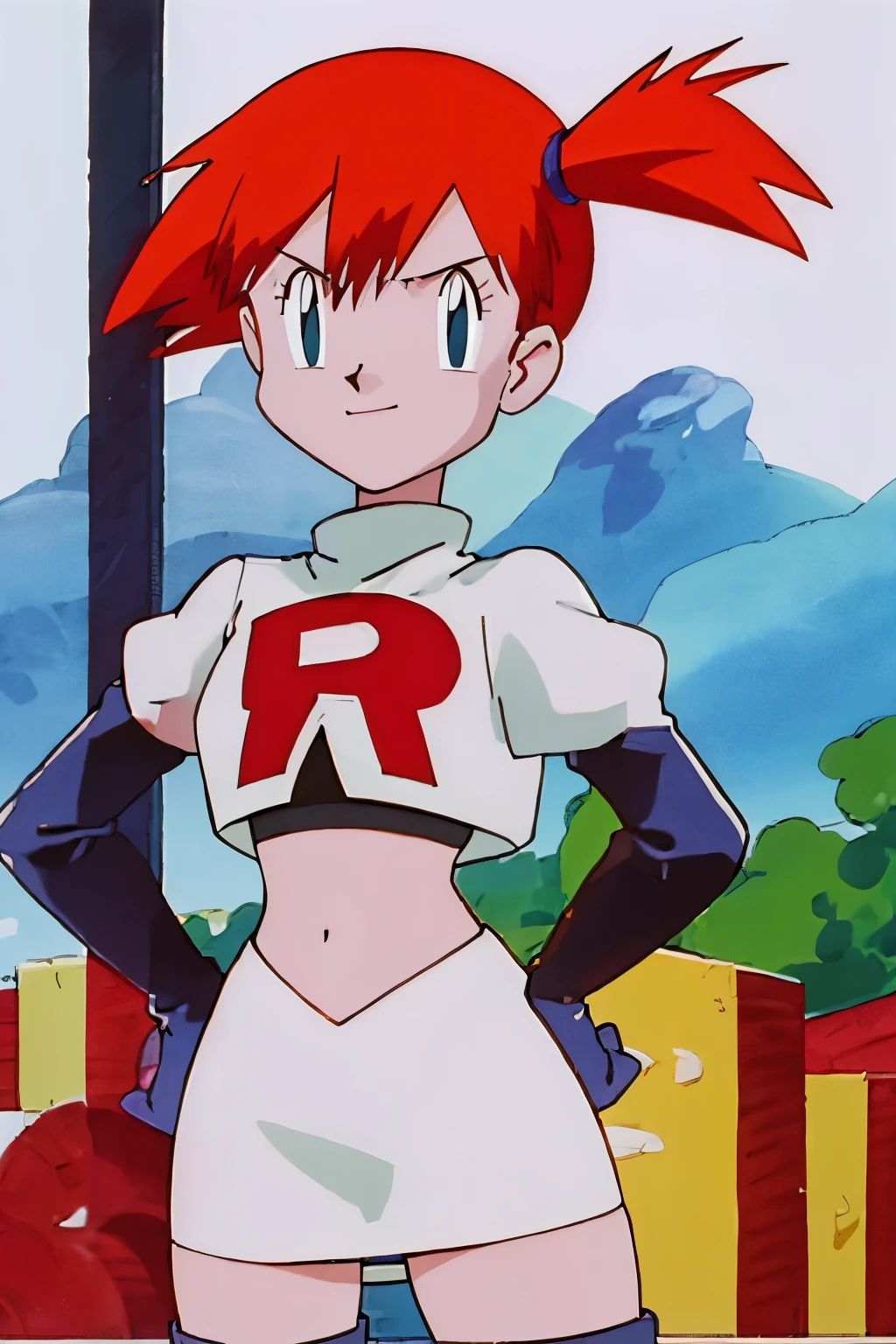 masterpiece, best quality, highres, outdoors, 1girl, solo, misty (pokemon), side pony tail ,glossy lips ,team rocket uniform, red letter R, white skirt,white crop top,black thigh-high boots, black elbow gloves, smile, evil face ,looking at viewer, cowboy shot, hands on hips, building with big red R in the background