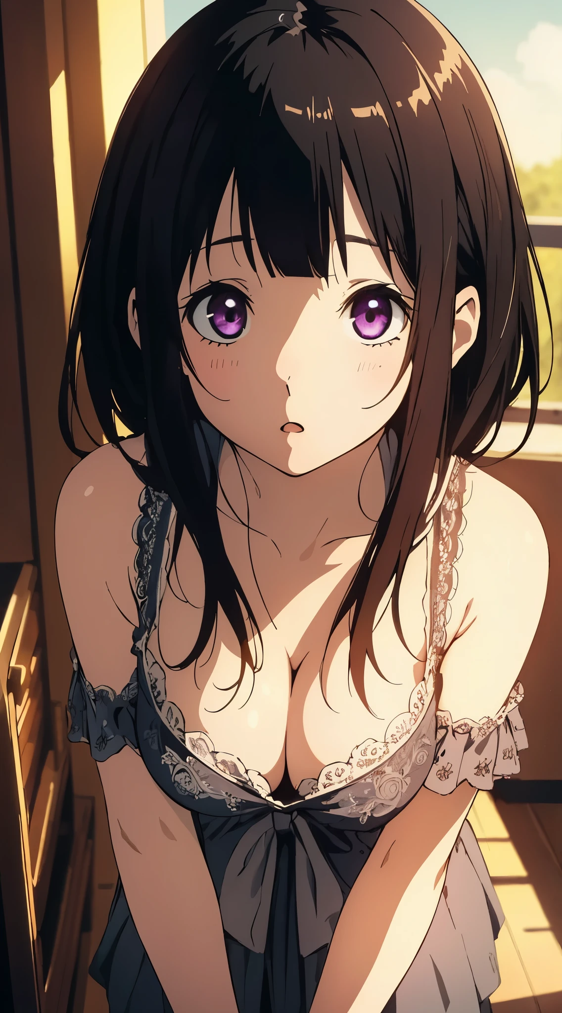 masterpiece, best quality, illustration, highly detailed, chitanda_eru, beautiful detailed eyes, :o , (looking down), cleavage