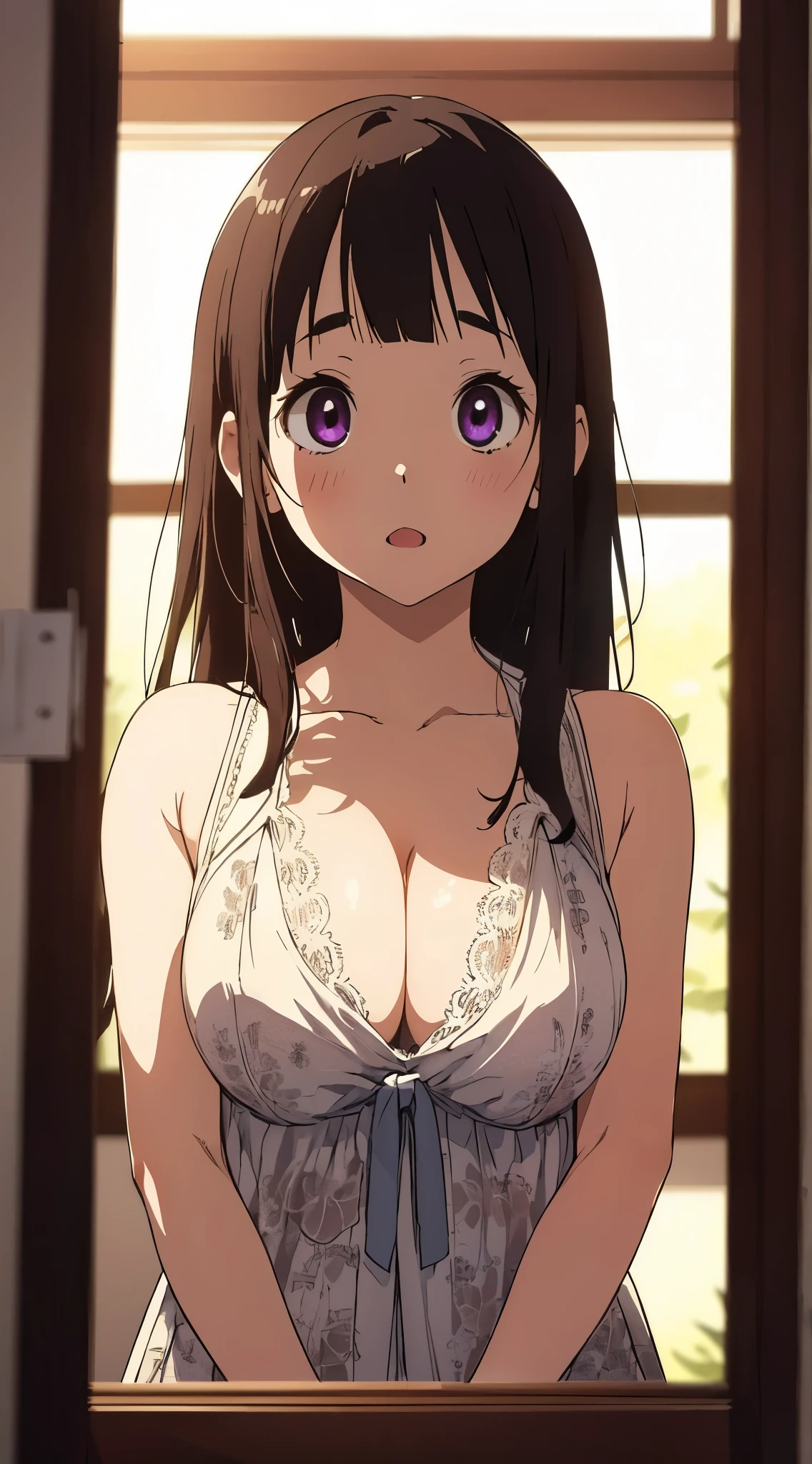 masterpiece, best quality, illustration, highly detailed, chitanda_eru, beautiful detailed eyes, :o , (looking down), cleavage