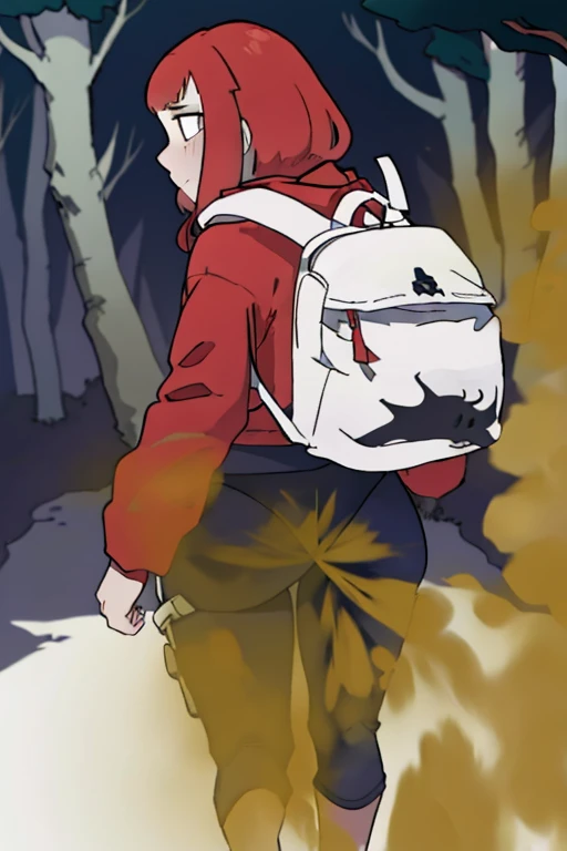 (masterpiece:1.2, best quality), (highly detailed:1.3), 1girl, 17yo girl, ginger, (white panties), (red hoodie), backpack, walking in the forest, from behind, dark, spooky,