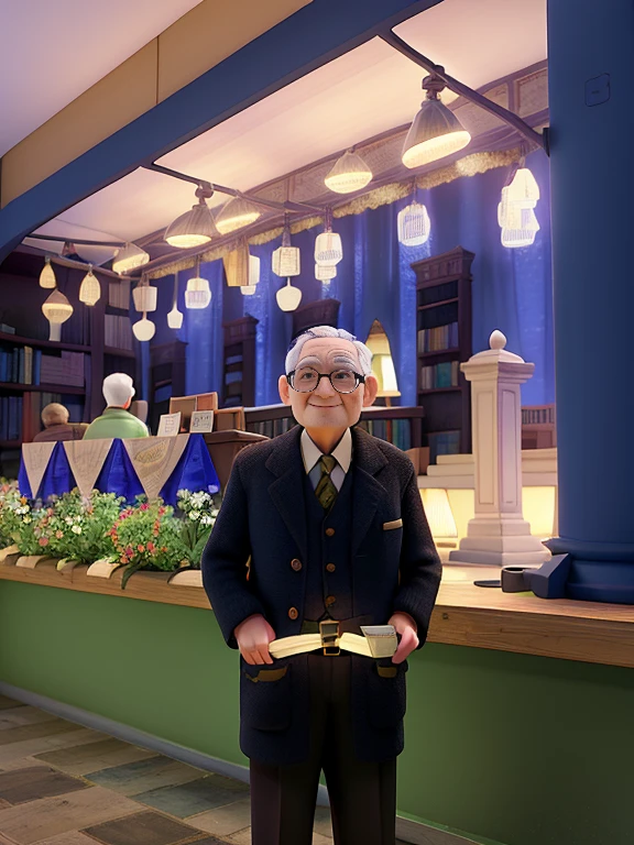 A wise old man standing in front, illuminated by the light of a lamp, against the backdrop of a library