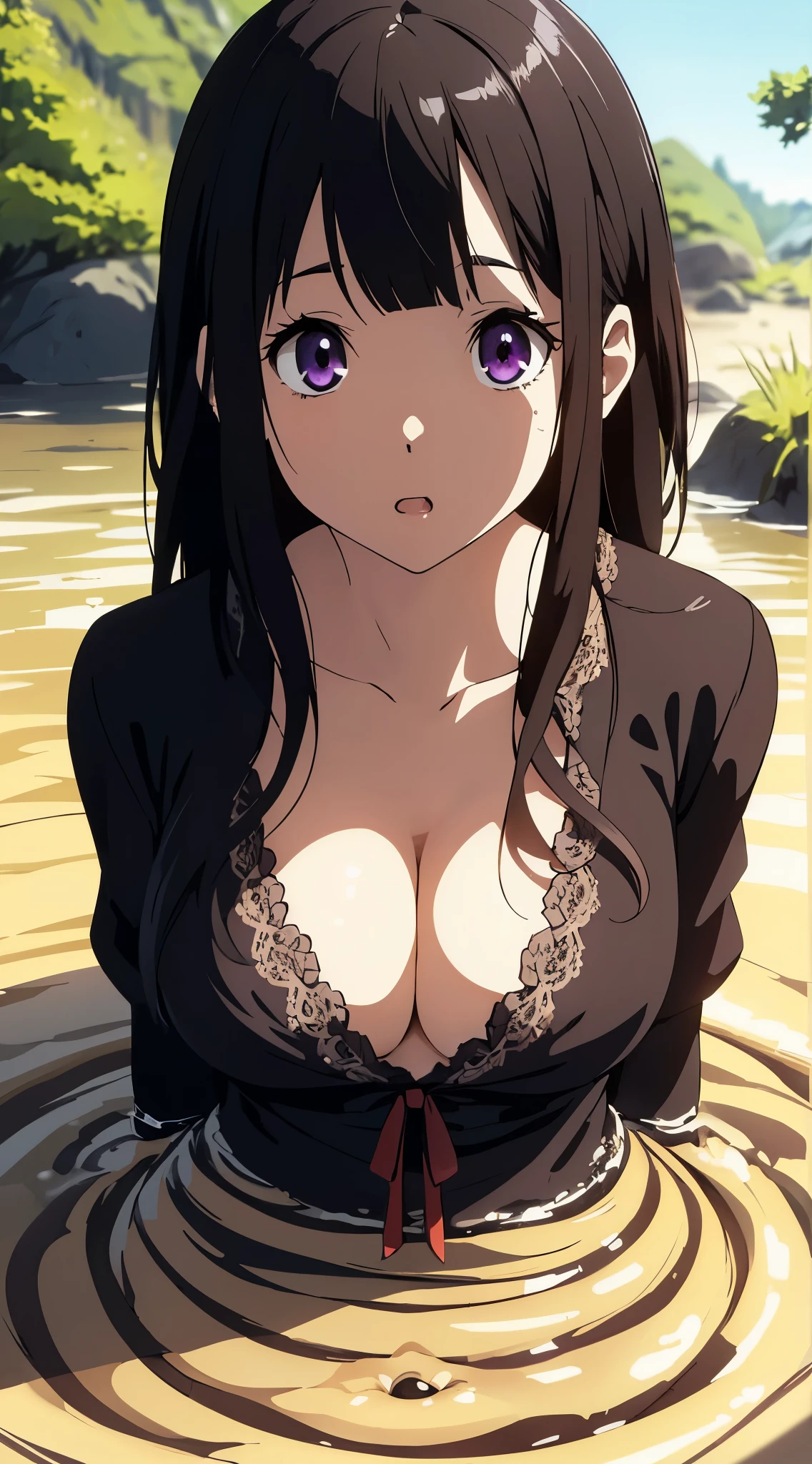 masterpiece, best quality, illustration, highly detailed, chitanda_eru, beautiful detailed eyes, :o , (looking down:1.2), cleavage, (quicksand:1.3)