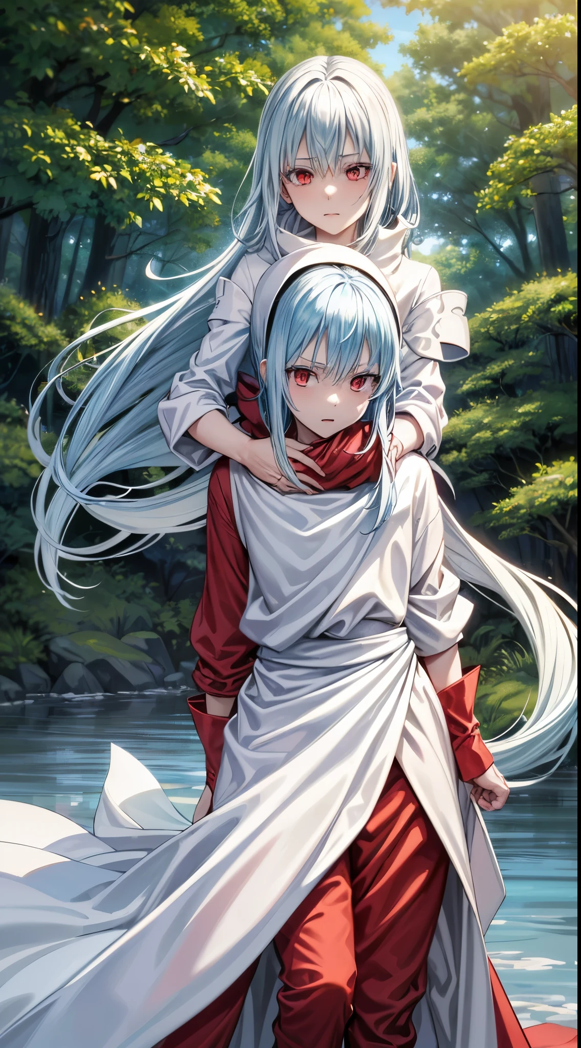 (an adult tensei shitara slime anime character) Rimuru Tempest, with prominent and piercing eyes of a (((scarlet red))), which exude an aura of cold determination and a sharp intelligence, (hair is light heavenly blue), flowing and smooth, neutral mouth, cold gaze, reflecting an unshakable personality and an indomitable spirit, The white hood that covers the character's head adds a touch of mystery and nobility, complementing his enigmatic and powerful presence, complete character, ((( setting in the forest))), white skin, highly detailed scenery, (wearing a white sheet), full body photo, (kudere expression)