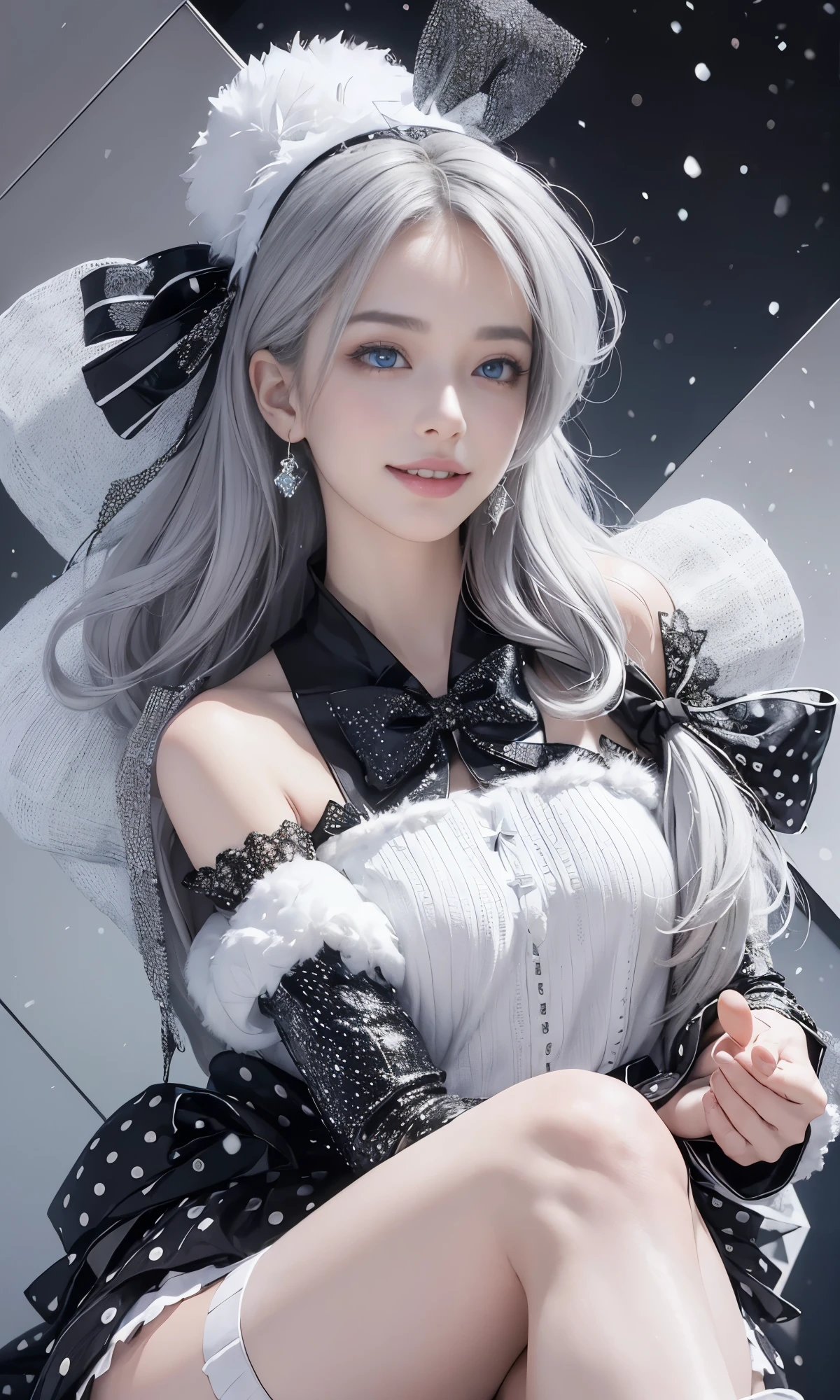 (Realistic:1.8), (Digital art:0.2), (Geometric art:1.7),(agpi official art, beautiful and aesthetic, ultra detailed, beautiful, masterpiece, best quality:1.6), (1girl:1.2), Detailed face, Detailed eyes, Detailed hair, young fingers, Detailed fingers, five fingerREAK cute ig model, Japanese cute model, 22 years old, Tightened all body, small head, small face, small mouth, diamond Face, small nose, Sharp Faceline, (dropy eyes, Double eyelid, Light color eyes, Glossy eyes, Shiny eyes:1.2), Shiny skin, shiny hair, (gray hair:1.2),
_
BREAK (happy, smile, Teeth, Glossy Lip:1.2),beautiful Teeth, (upper body:1.5), sitting, from front,
_
BREAK (BLACK and White theme:1.4), (Cute Christmas theme:1.2), (fluffy Santa hat with ribbon:1.2), (adorable BLACK and white candy cane-striped off-shoulder top:1.2), (short length White pleated skirt with subtle Polka dot pattern:1.2), (festive knee-high socks with small bows:1.2), (festive White and BLACK ankle boots:1.2), BREAK (sparkling snowfall background:1.2), (Fog, mist:1.4),(joyful expression:1.2), (holding a cute gift box with a big bow:1.2), (gentle snow breeze:1.2),