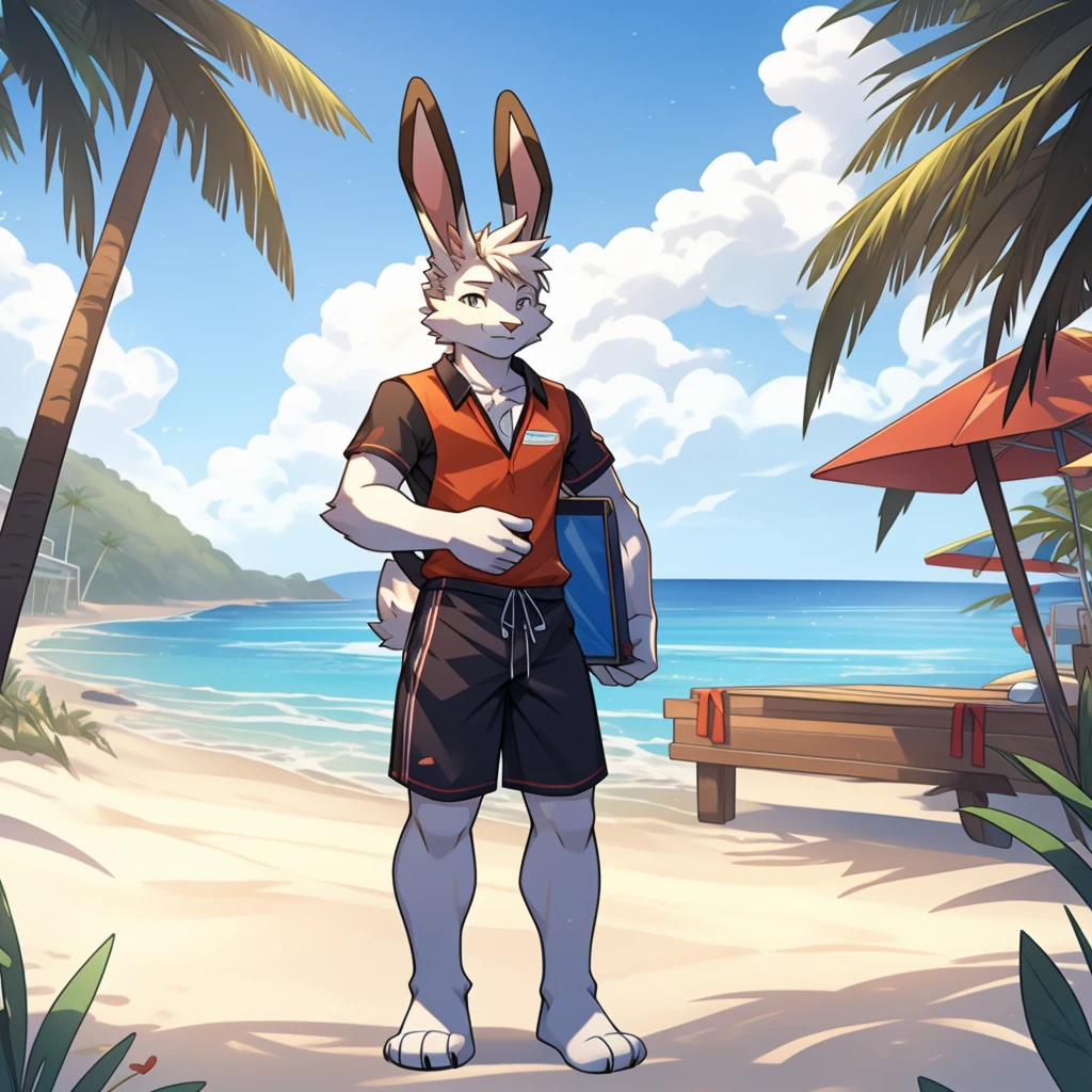 single person，white skin，（rabbit ears），teenager，rabbit，rabbit furry，male，rabbit，white fur，white skin，full body，naked，cum，，beach clothes，worker，