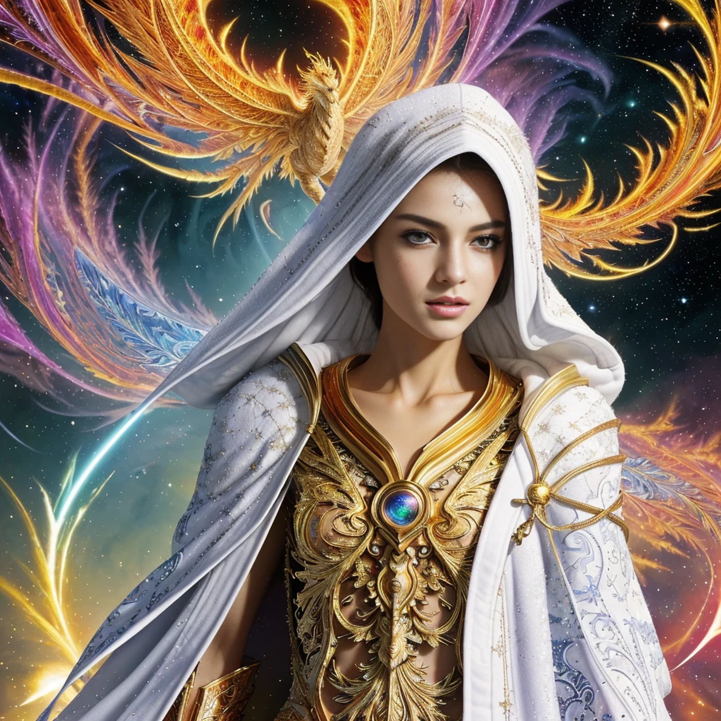 (masterpiece, top quality, best quality, official art, beautiful and aesthetic:1.2), (1girl), extreme detailed eyes, (fractal art:1.3), colorful, highest detailed, (perfect face), shiny skin, HDR, (white cloak golden lines:1.2), galaxy, (light streaks), striking visuals, (dynamic streaks, luminous trails:1.2), vibrant colors, (phoenix), (dragon)