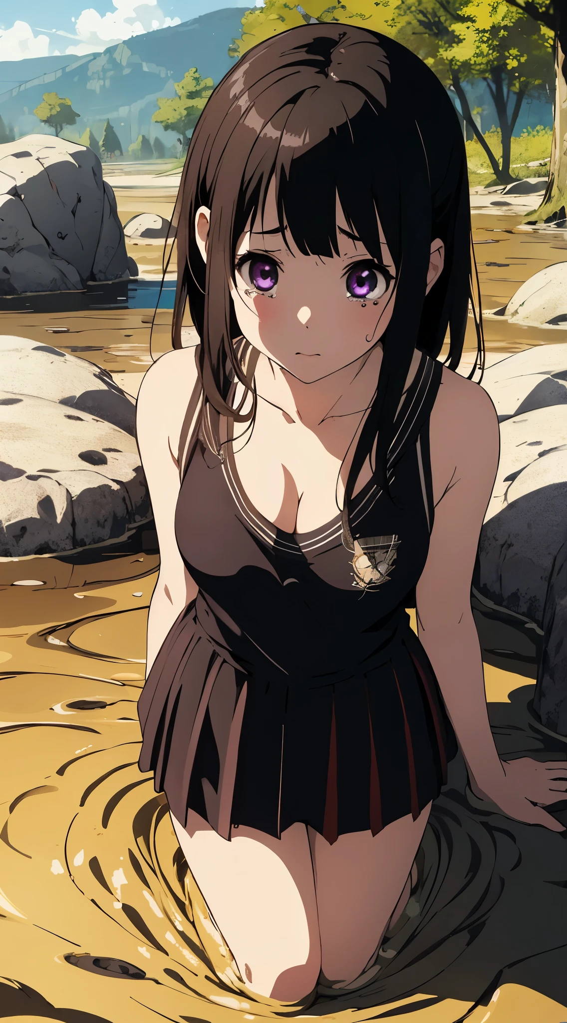 masterpiece, best quality, illustration, highly detailed, chitanda_eru, beautiful detailed eyes, (looking down:1.2), cleavage, (quicksand:1.3), cheerleader, tears, crying