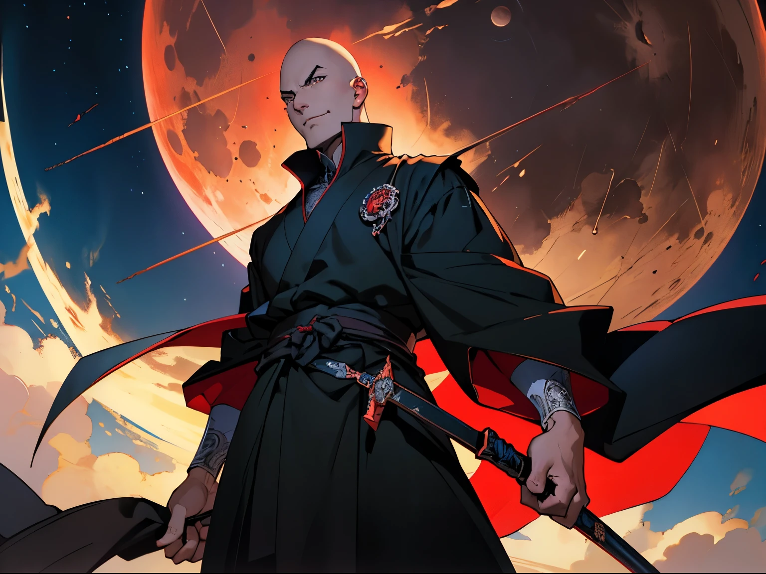 anime style, bold lines, oil painting, bald fantasy sword master in black robes with evil smirk, masterpiece, intricate details, night sky with red moon background, brilliant colors, dynamic angle, 1980 1990 anime retro nostalgia, masterpiece --ar 16:9 --s 90 --style expressive --niji 5